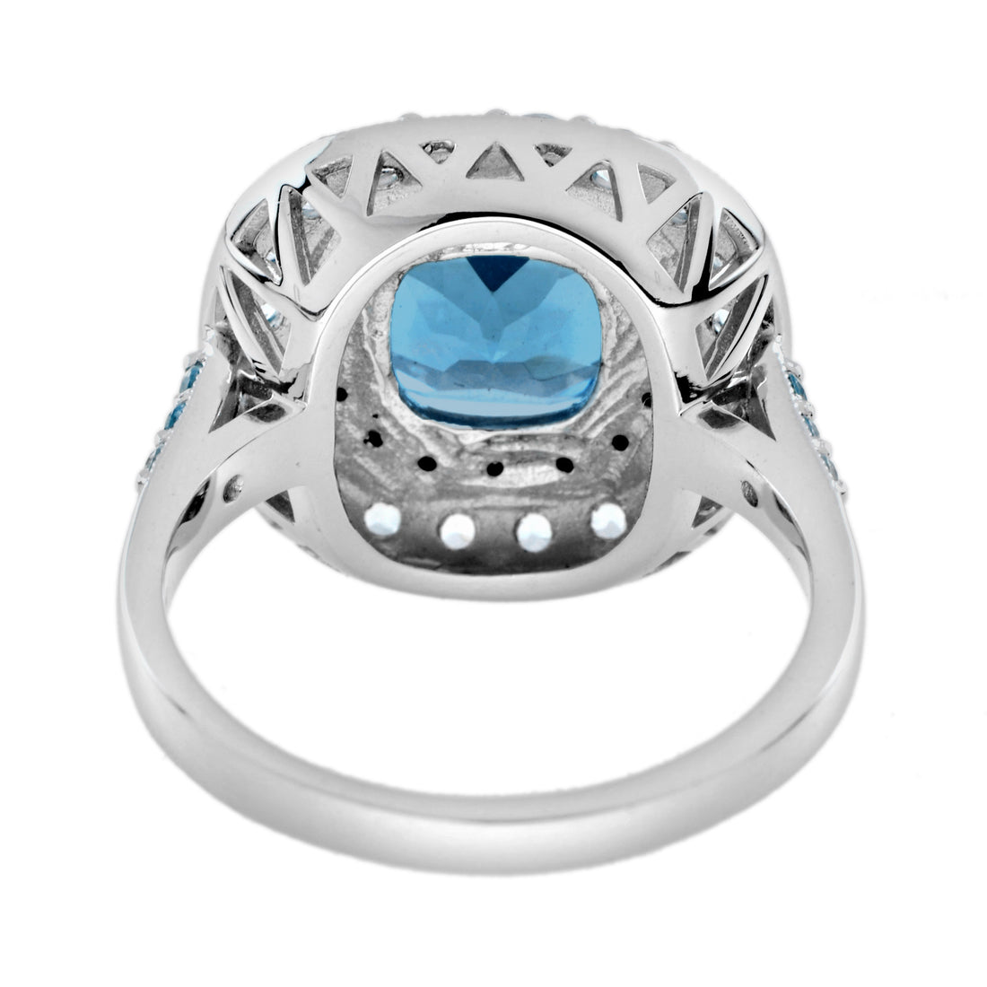 Cushion London Blue Topaz & Diamond Double Halo Statement 14K White Gold Ring