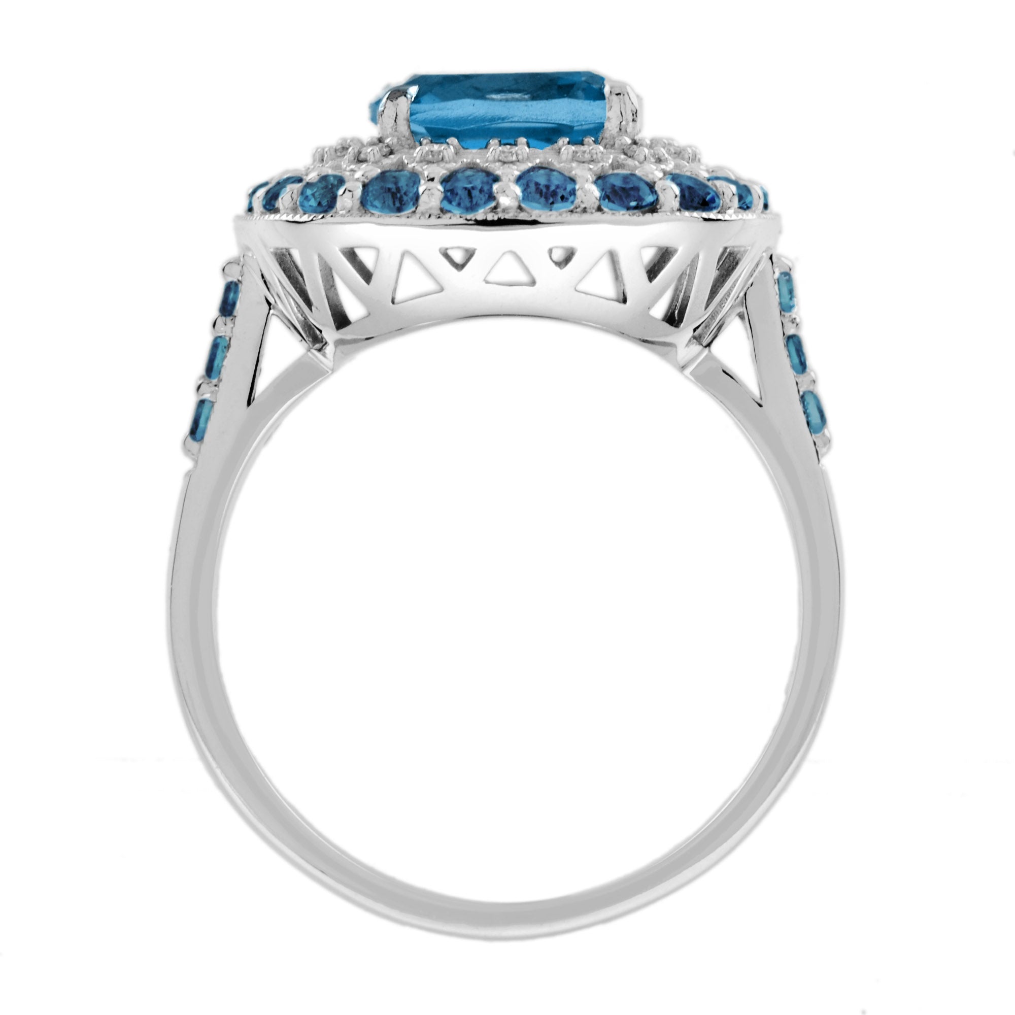 Cushion London Blue Topaz & Diamond Double Halo Statement 14K White Gold Ring