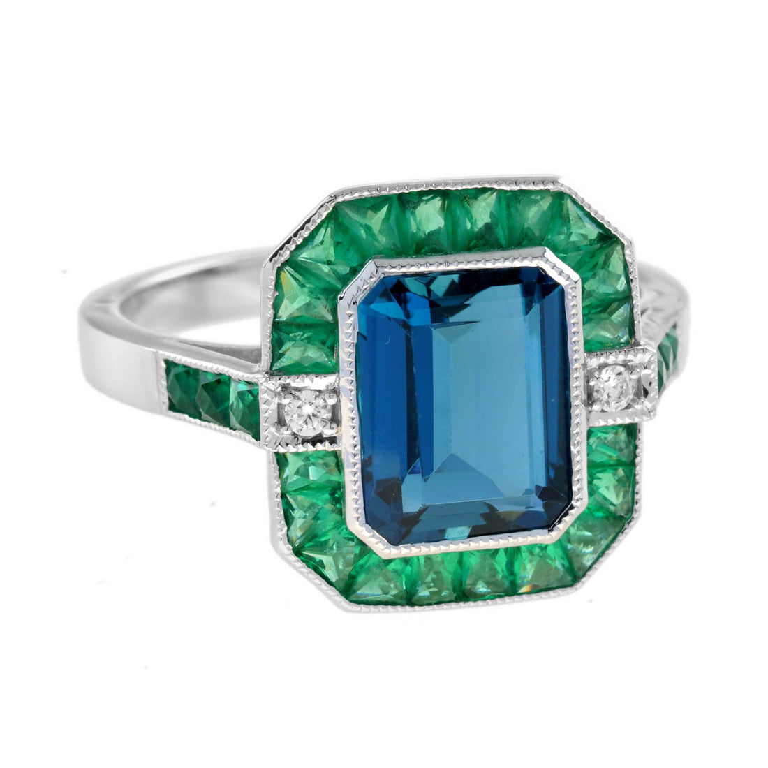 London Blue Topaz Emerald Diamond Art Deco Style Celebrate 14K White Gold Ring