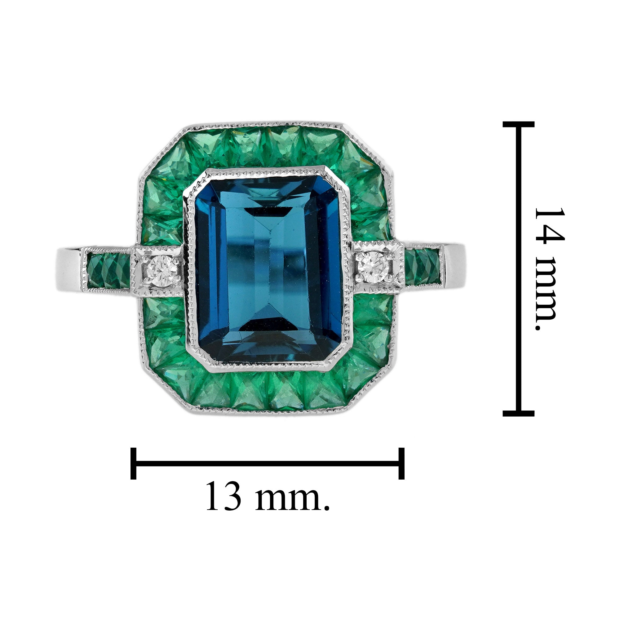 London Blue Topaz Emerald Diamond Art Deco Style Celebrate 14K White Gold Ring