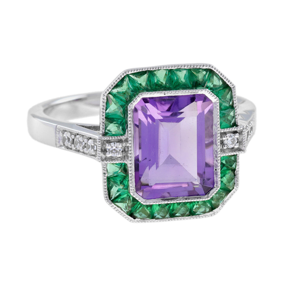 Octagon Purple Violet Amethyst Emerald Diamond Art Deco Style White Gold Ring