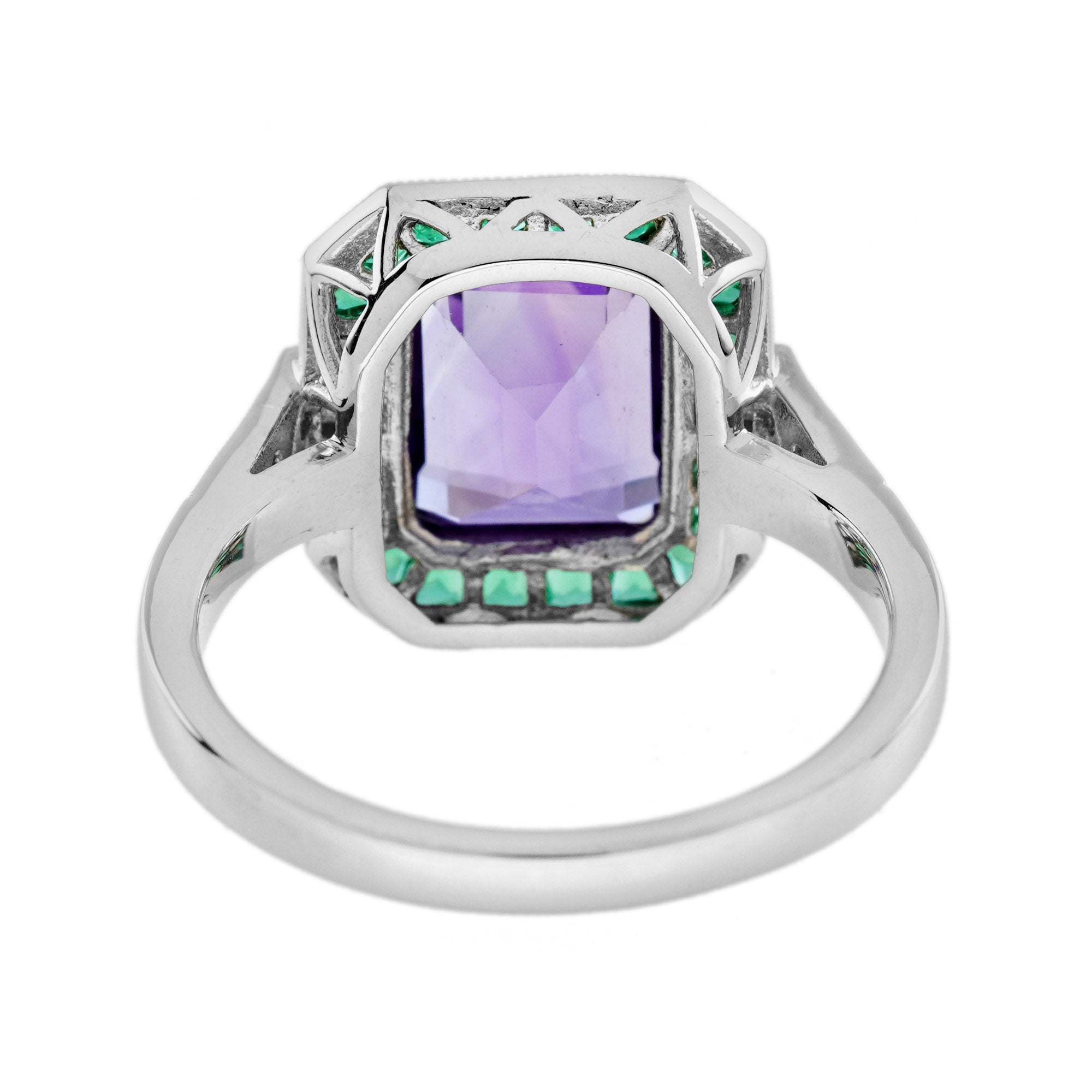 Octagon Purple Violet Amethyst Emerald Diamond Art Deco Style White Gold Ring