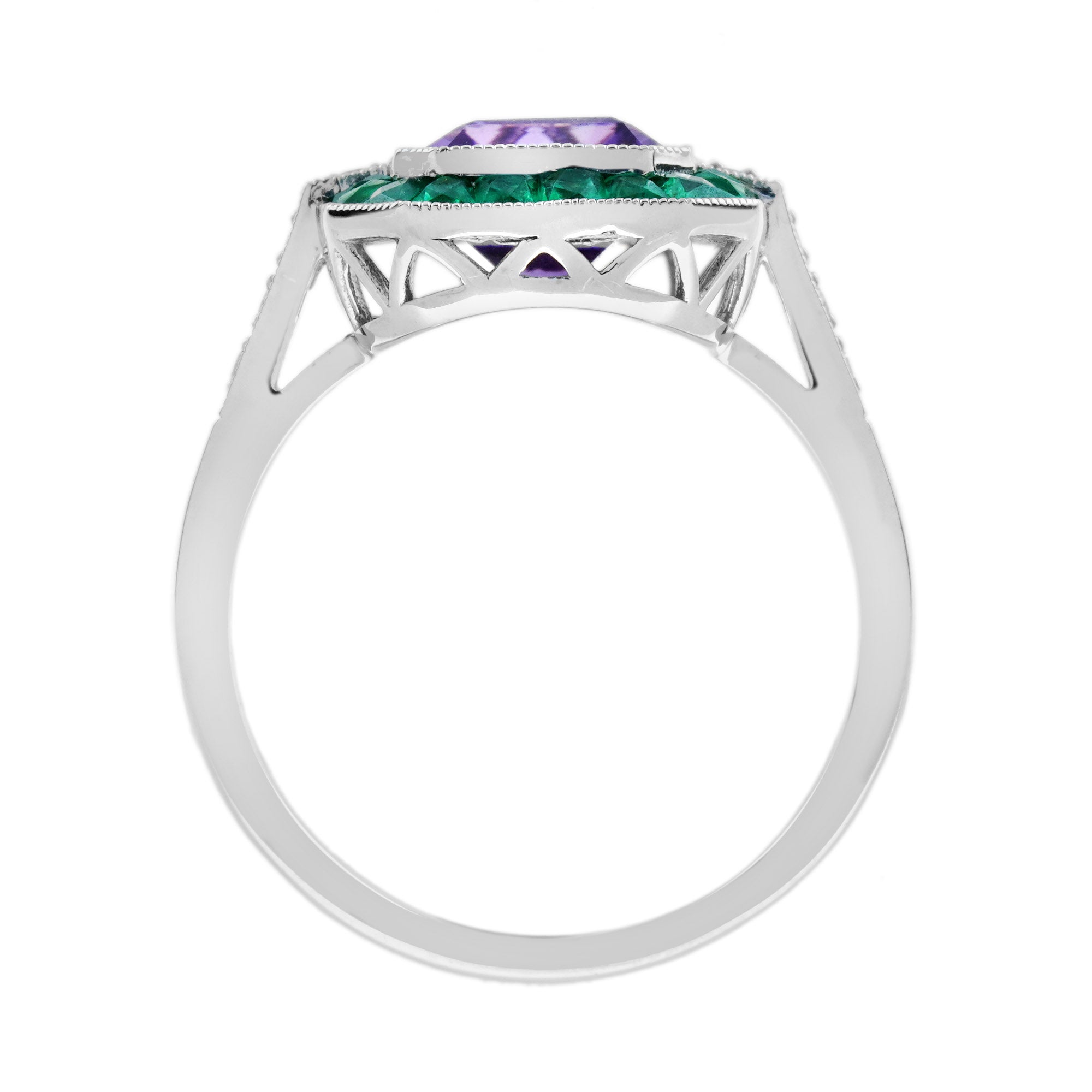 Octagon Purple Violet Amethyst Emerald Diamond Art Deco Style White Gold Ring