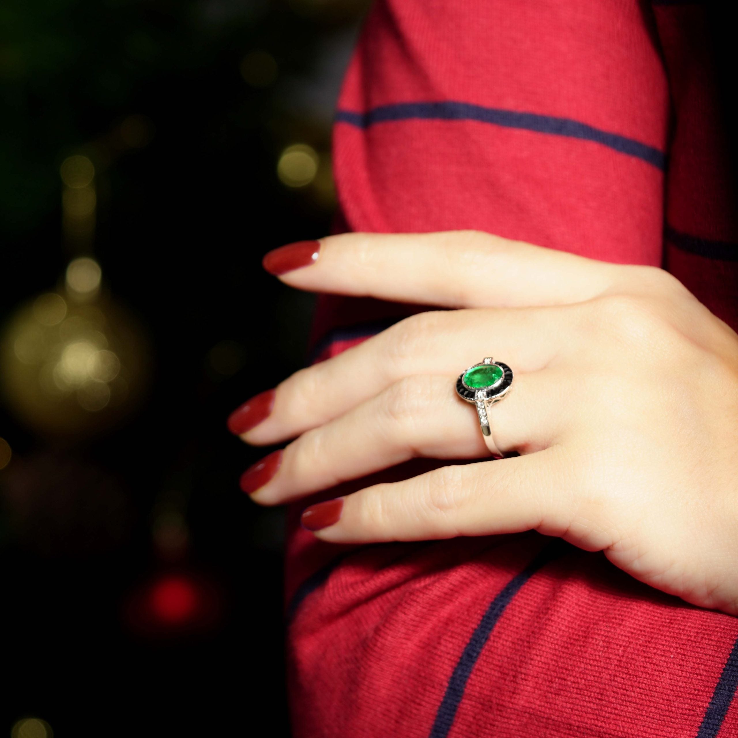 Emerald & Black Onyx and Diamond Art Deco Style Target 14K White Gold Ring