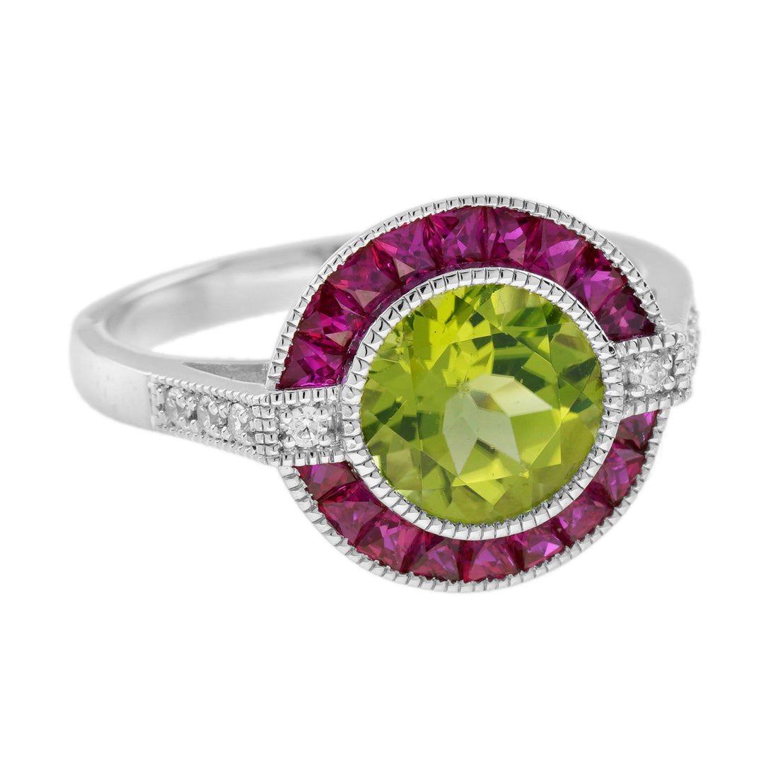 Peridot Ruby Diamond Art Deco Style Celebrate Target 14K White Gold Ring