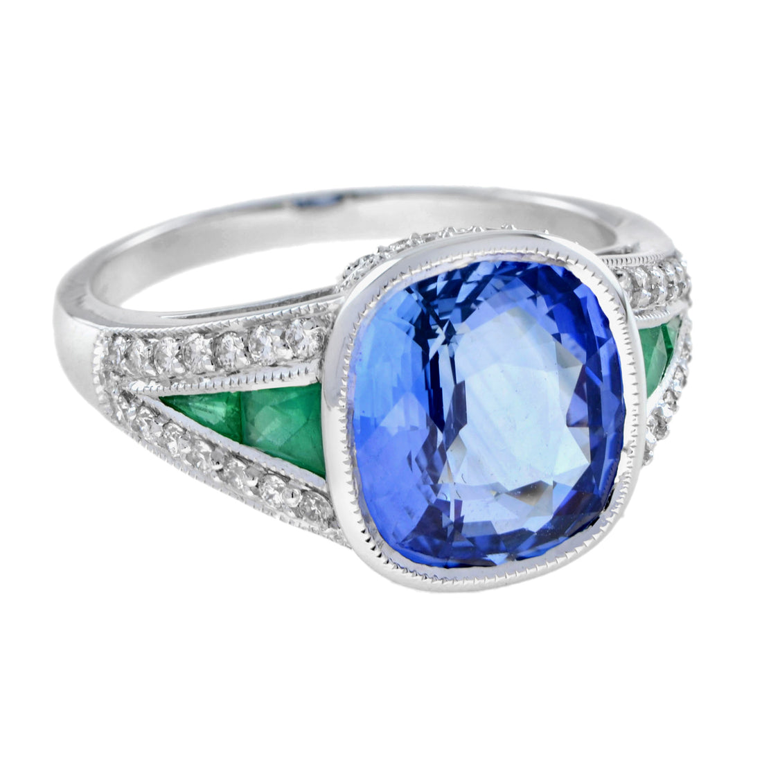 Cushion Certified Ceylon Blue Sapphire Emerald Diamond Solitaire White Gold Ring