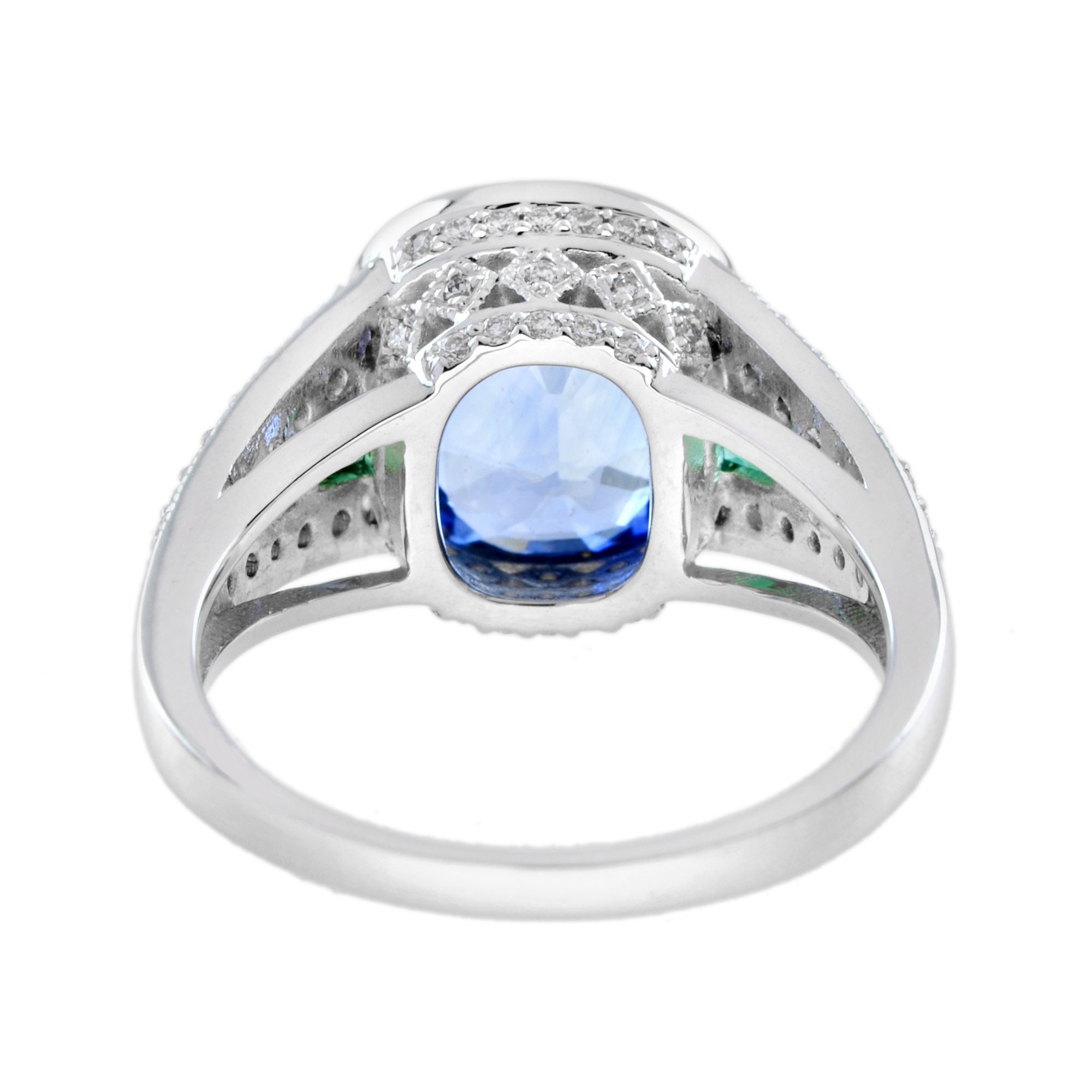 Cushion Certified Ceylon Blue Sapphire Emerald Diamond Solitaire White Gold Ring