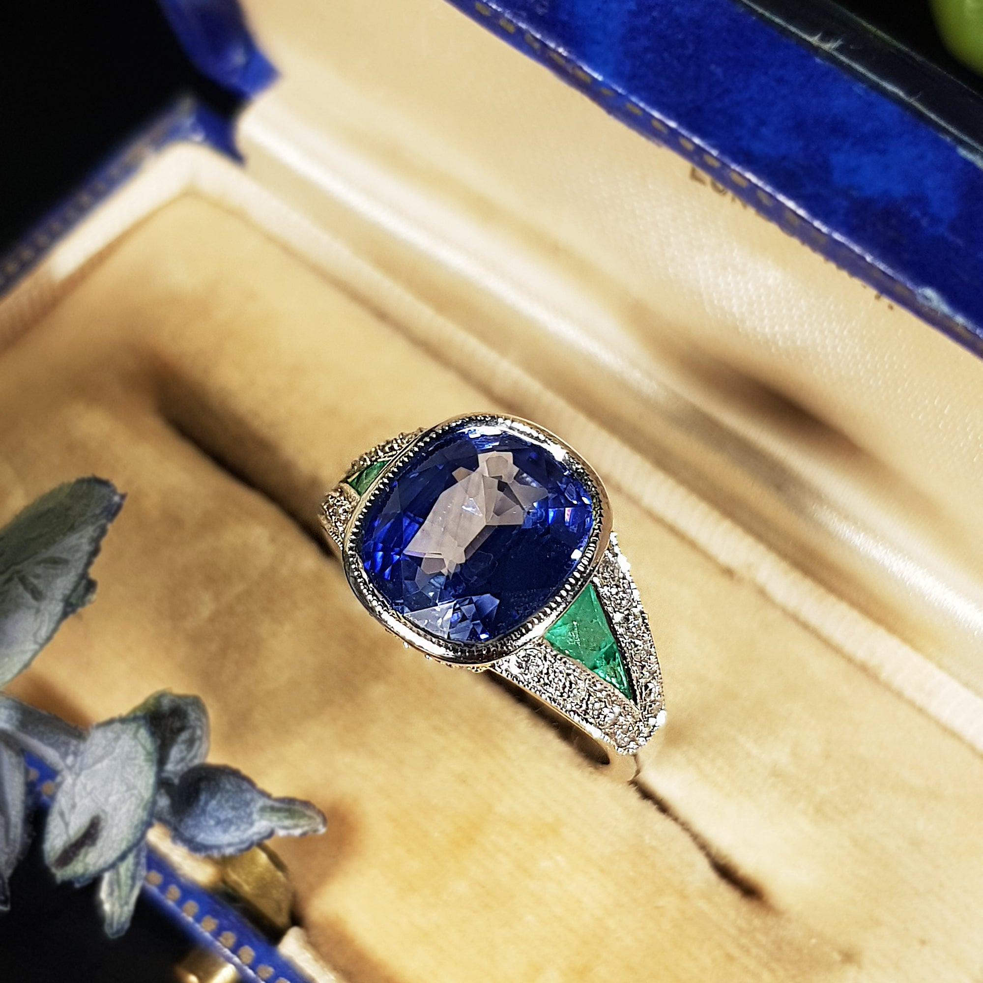Cushion Certified Ceylon Blue Sapphire Emerald Diamond Solitaire White Gold Ring