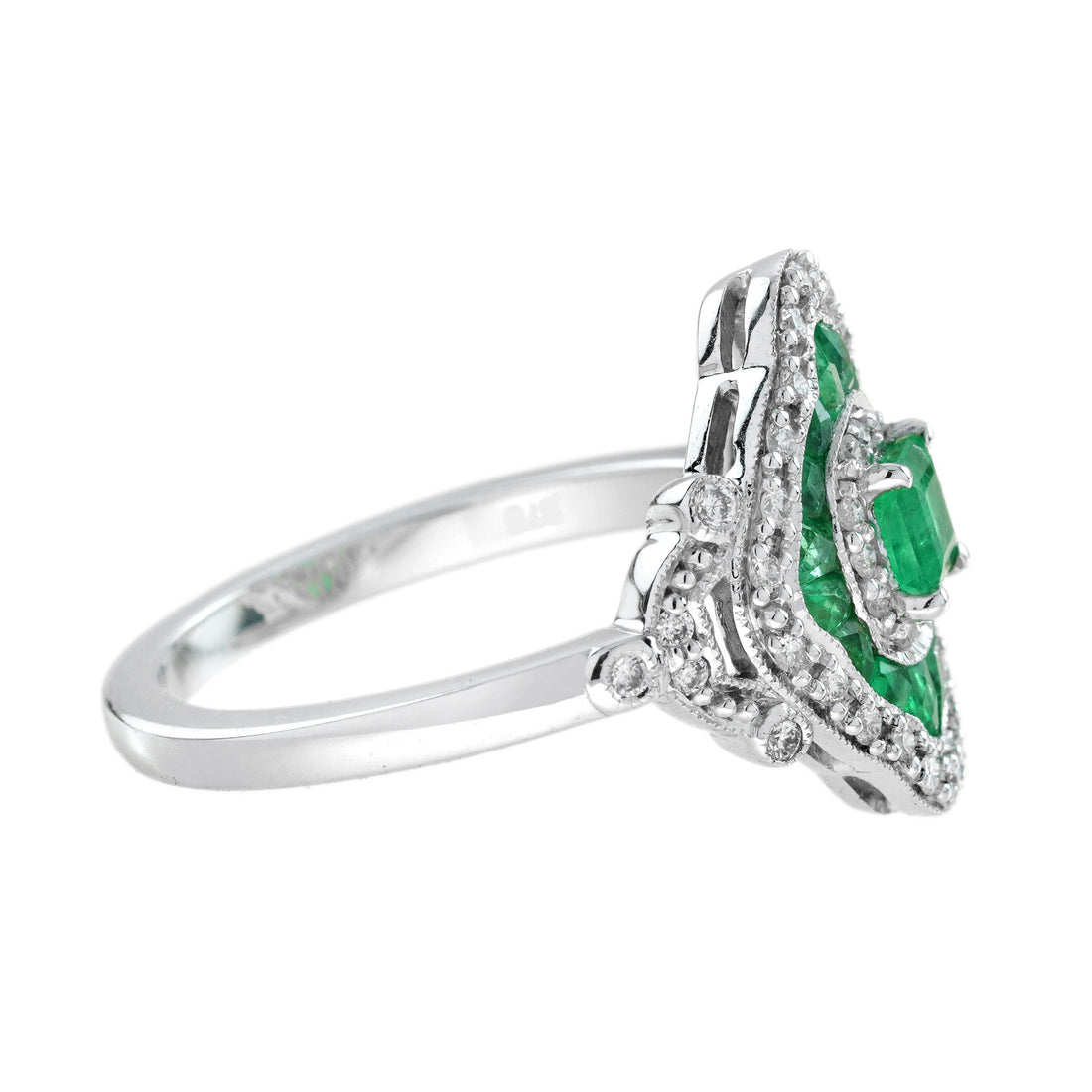 Green Emerald & Diamond Vintage Inspired Edwardian Style White Gold Unique Ring