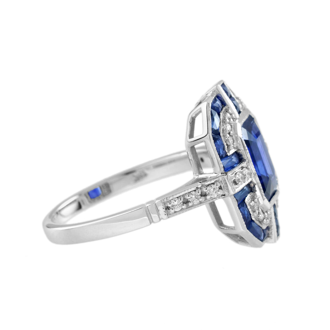 Emerald Cut Blue Sapphire & Diamond Art Deco Geometric Style 14K White Gold Ring