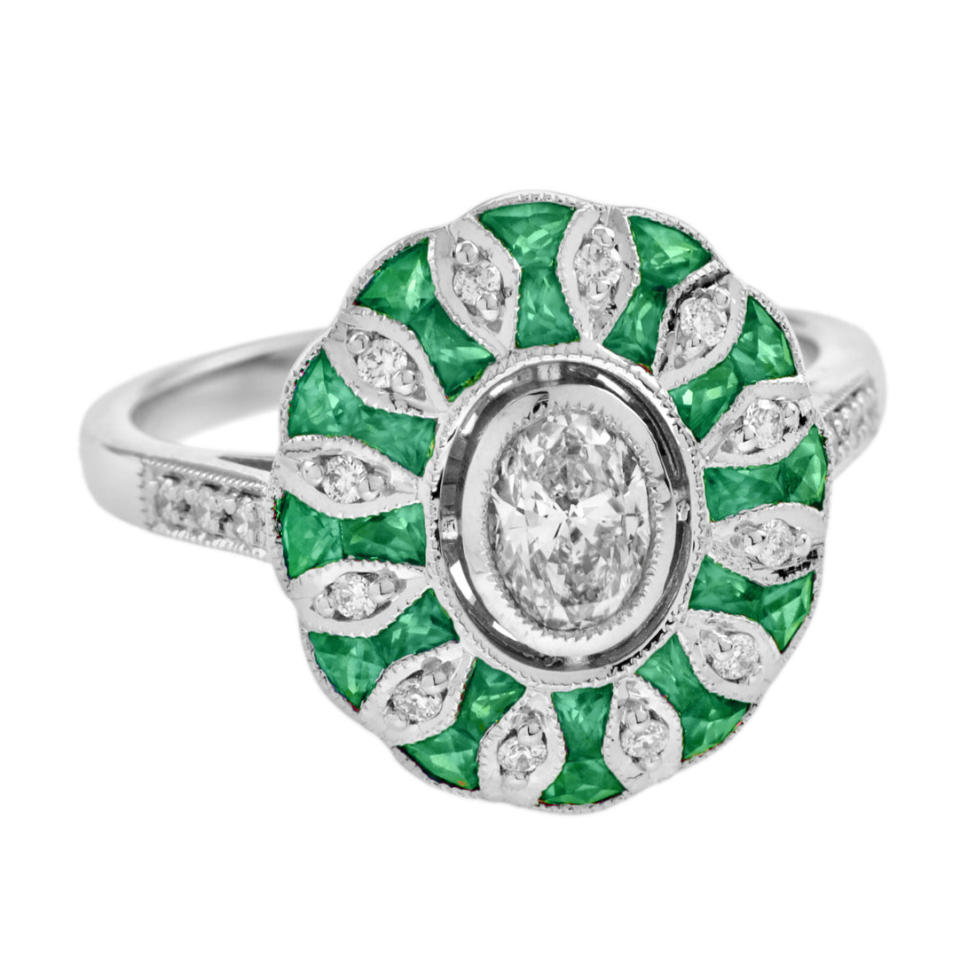 Oval Diamond & Green Emerald Art Deco Style Floral Engagement White Gold Ring