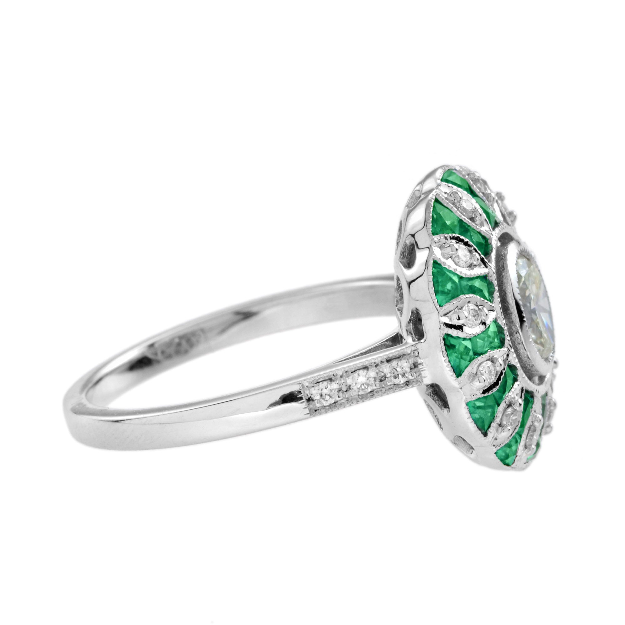 Oval Diamond & Green Emerald Art Deco Style Floral Engagement White Gold Ring