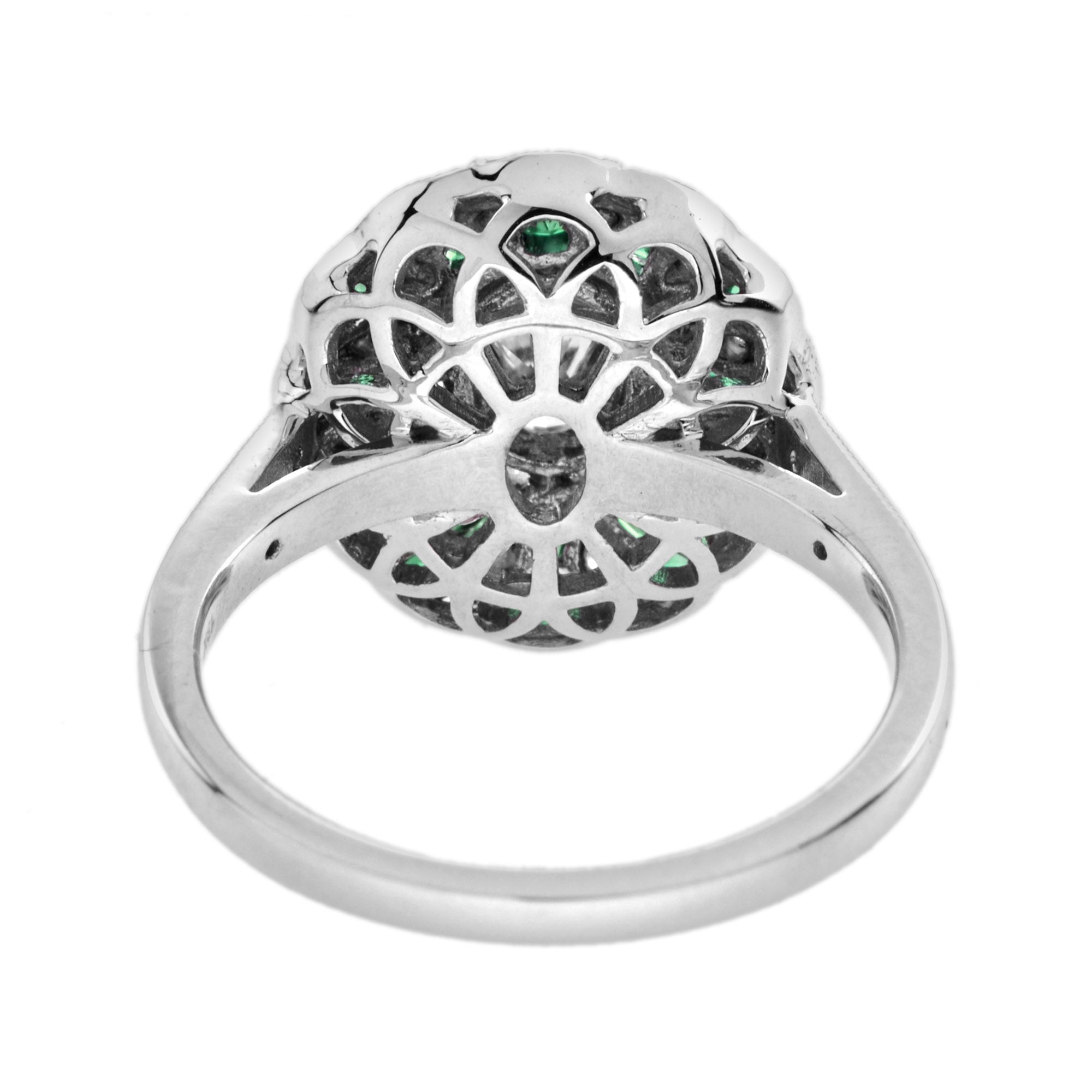 Oval Diamond & Green Emerald Art Deco Style Floral Engagement White Gold Ring