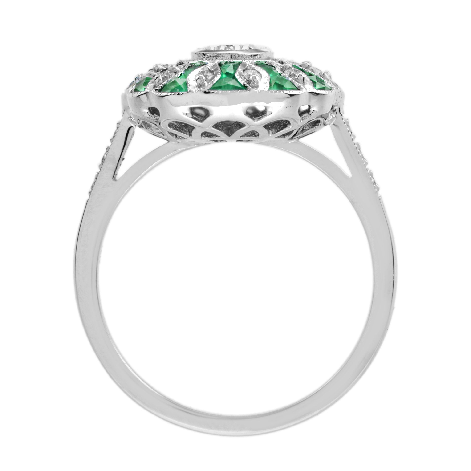 Oval Diamond & Green Emerald Art Deco Style Floral Engagement White Gold Ring