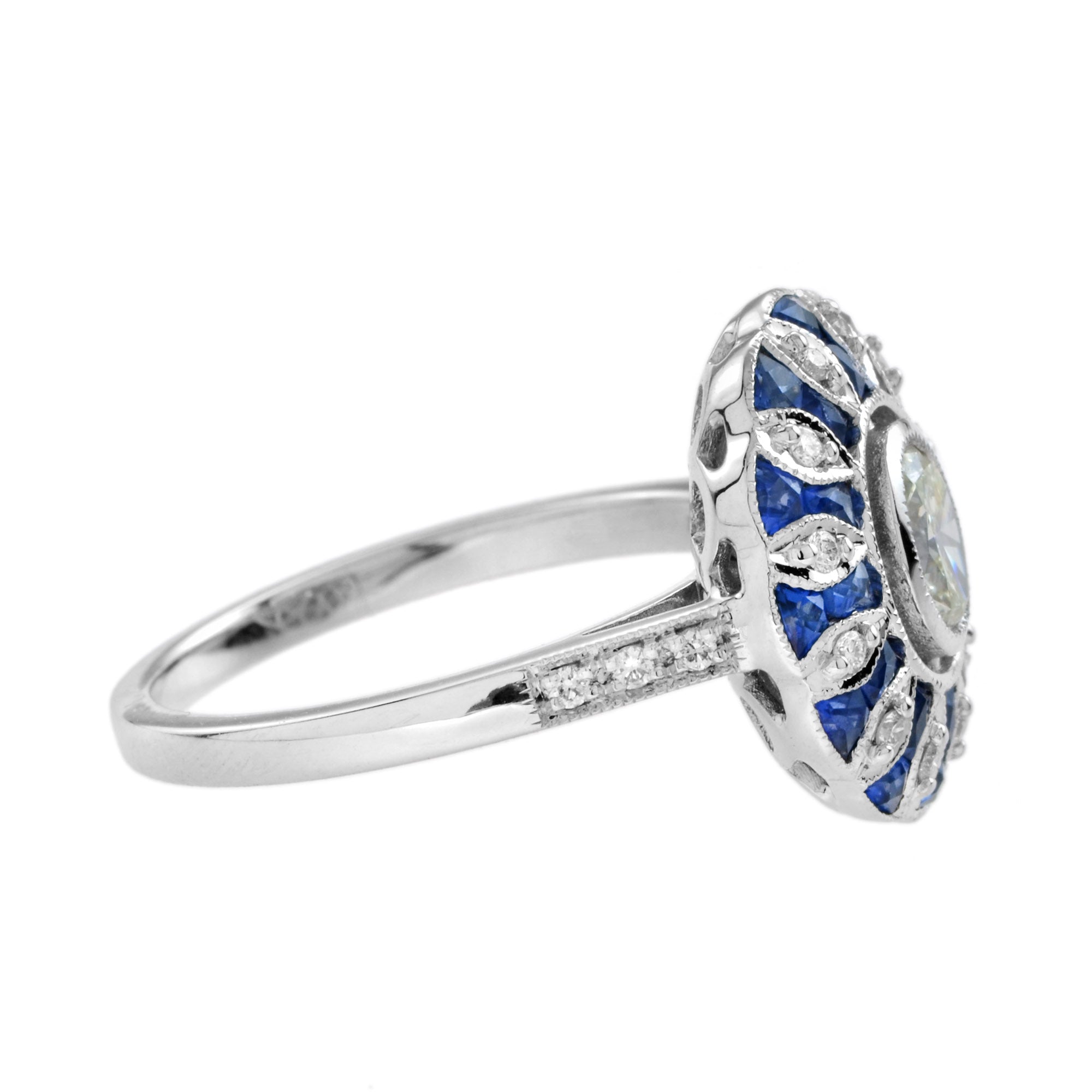 Warm Oval Diamond & Blue Sapphire Art Deco Style Floral 14K White Gold Ring