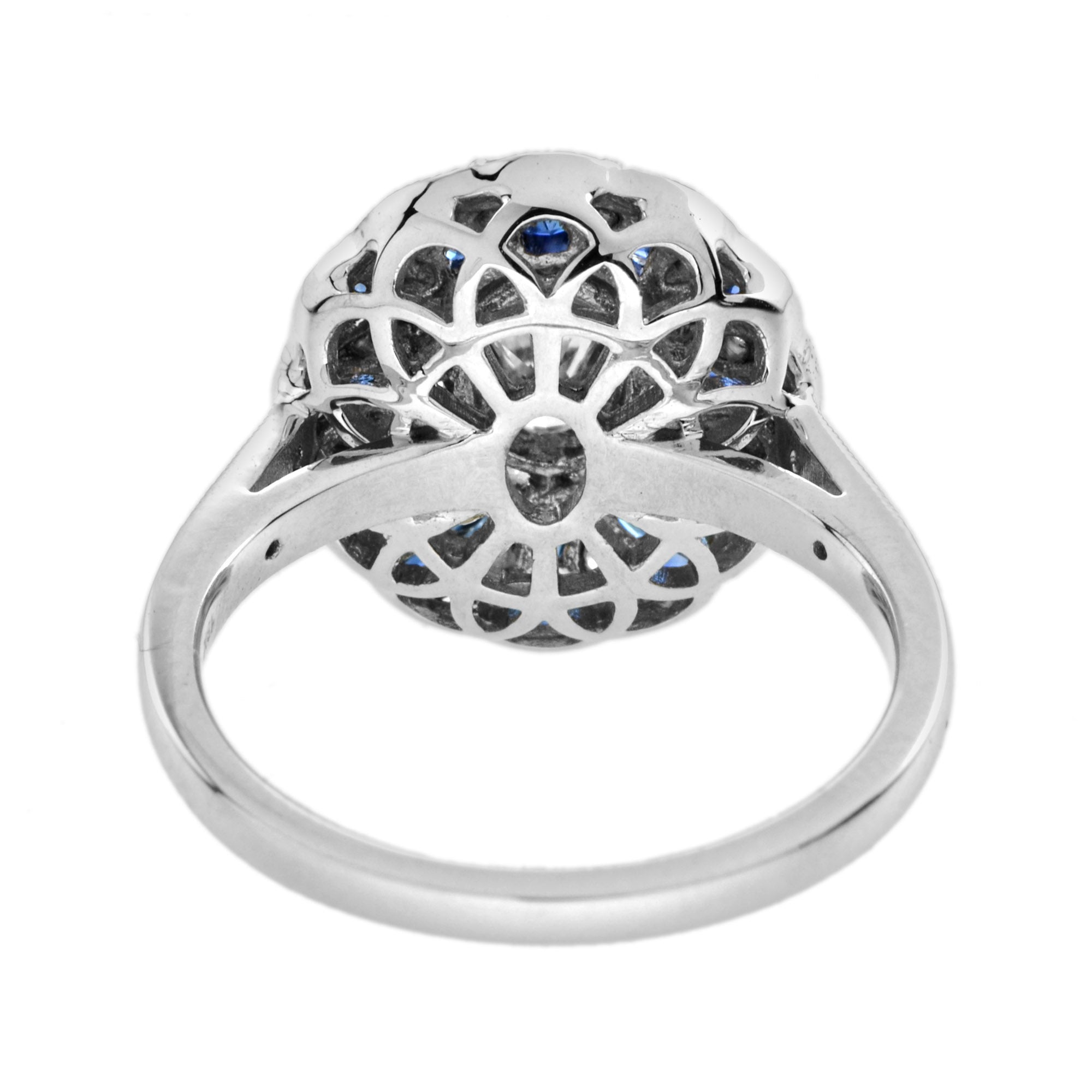 Warm Oval Diamond & Blue Sapphire Art Deco Style Floral 14K White Gold Ring