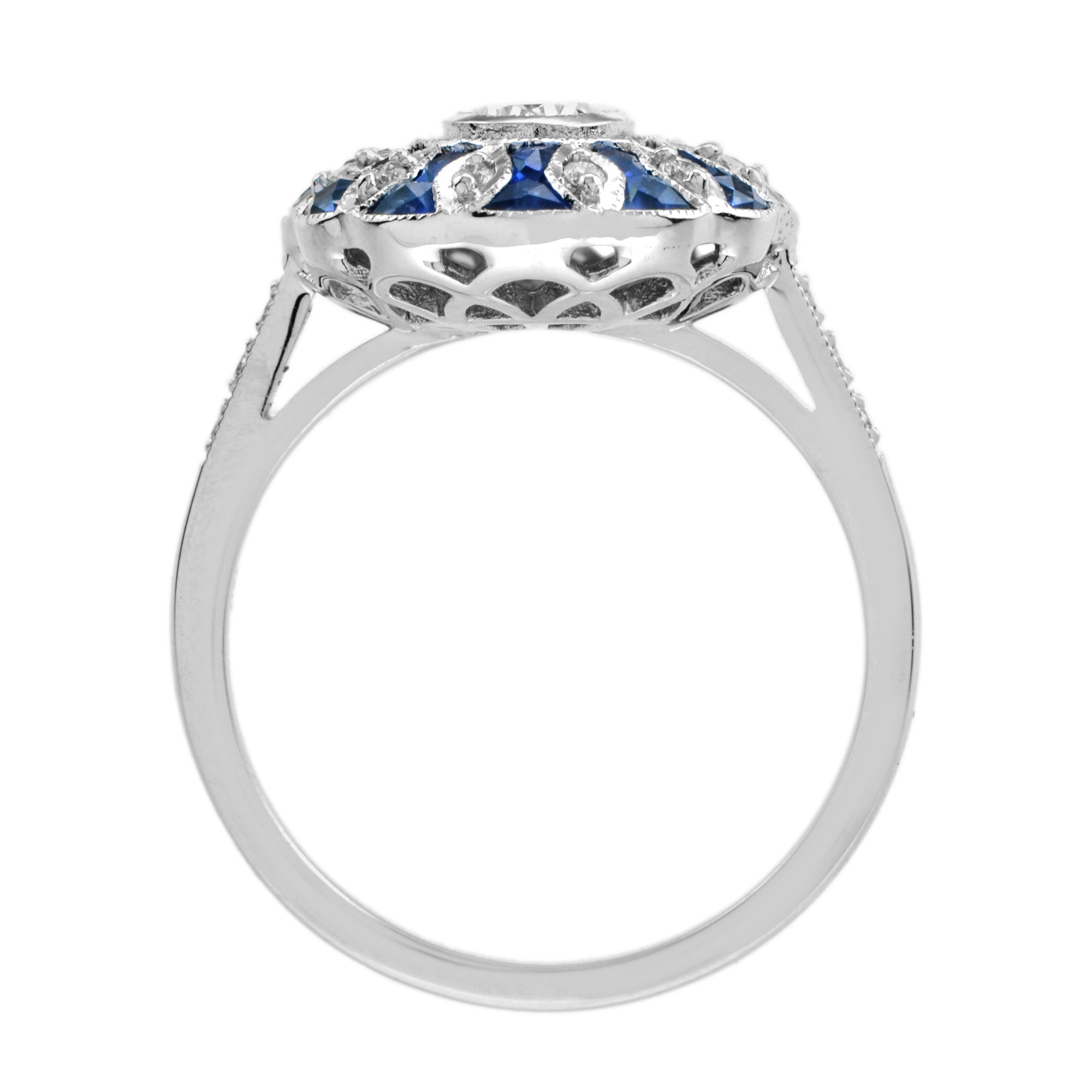 Warm Oval Diamond & Blue Sapphire Art Deco Style Floral 14K White Gold Ring
