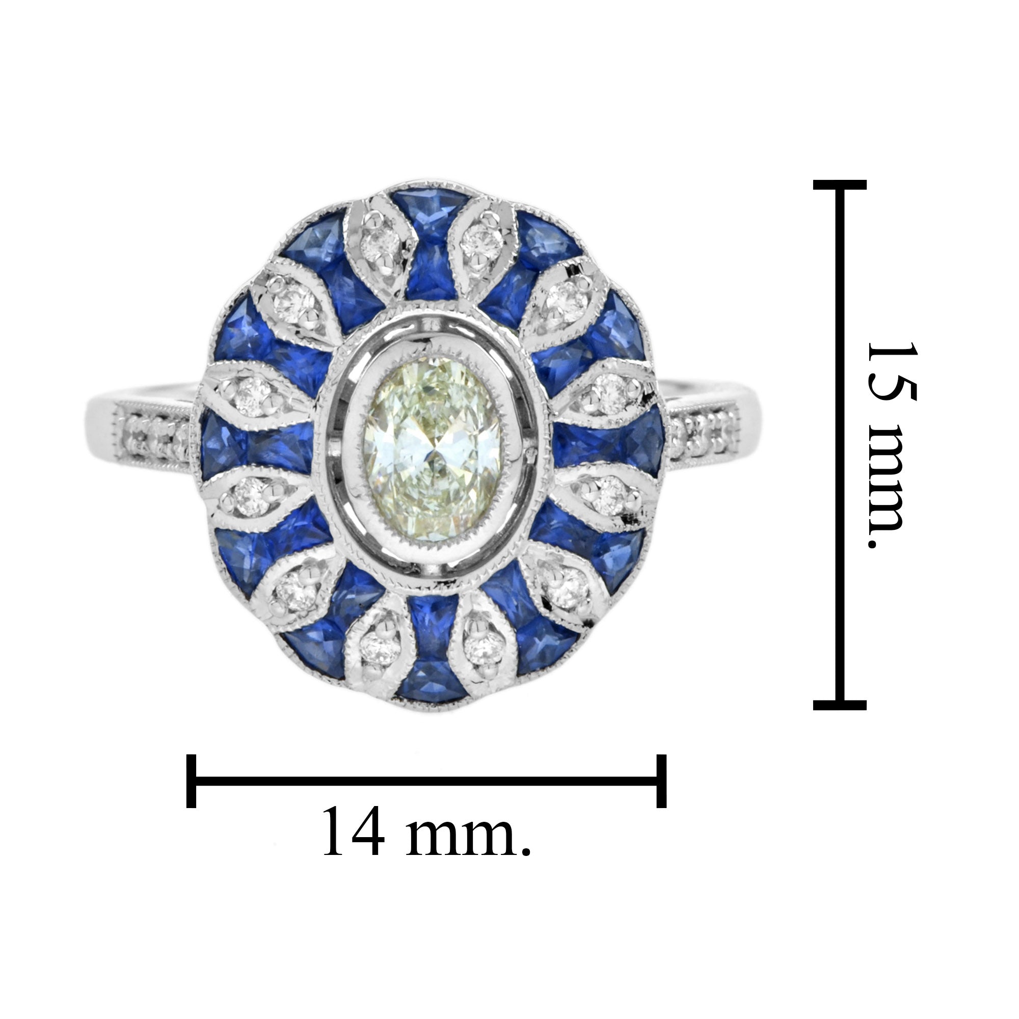Warm Oval Diamond & Blue Sapphire Art Deco Style Floral 14K White Gold Ring