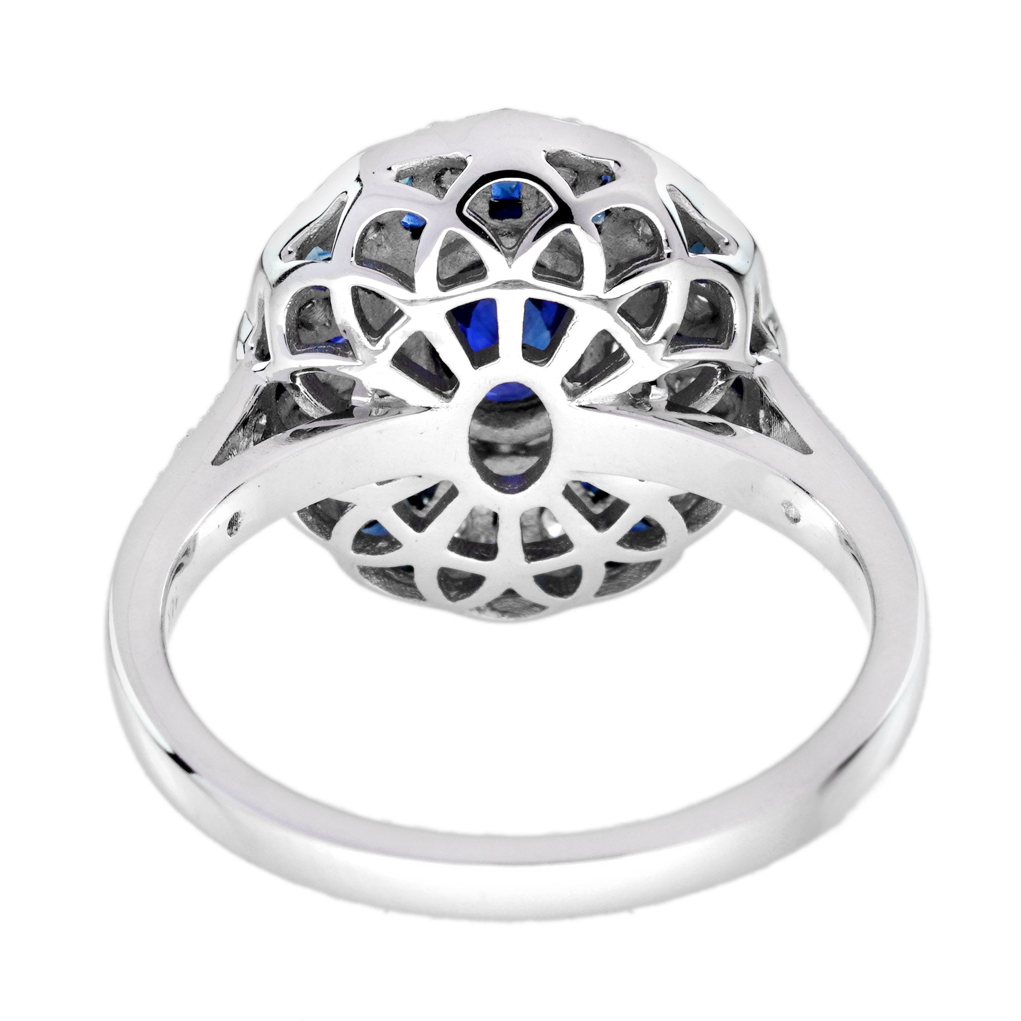 Oval Blue Sapphire & Diamond Art Deco Style Halo Set Mosaic White Gold Ring