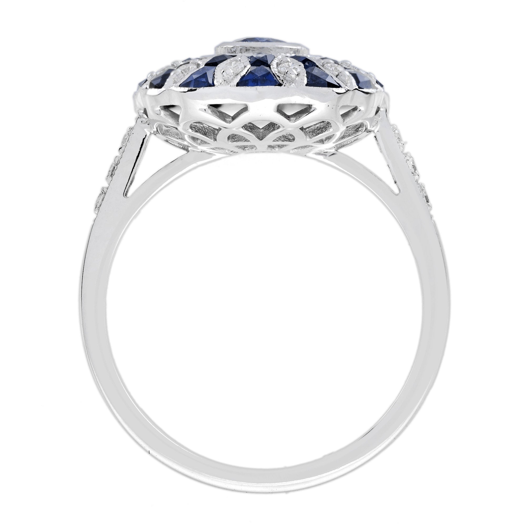 Oval Blue Sapphire & Diamond Art Deco Style Halo Set Mosaic White Gold Ring