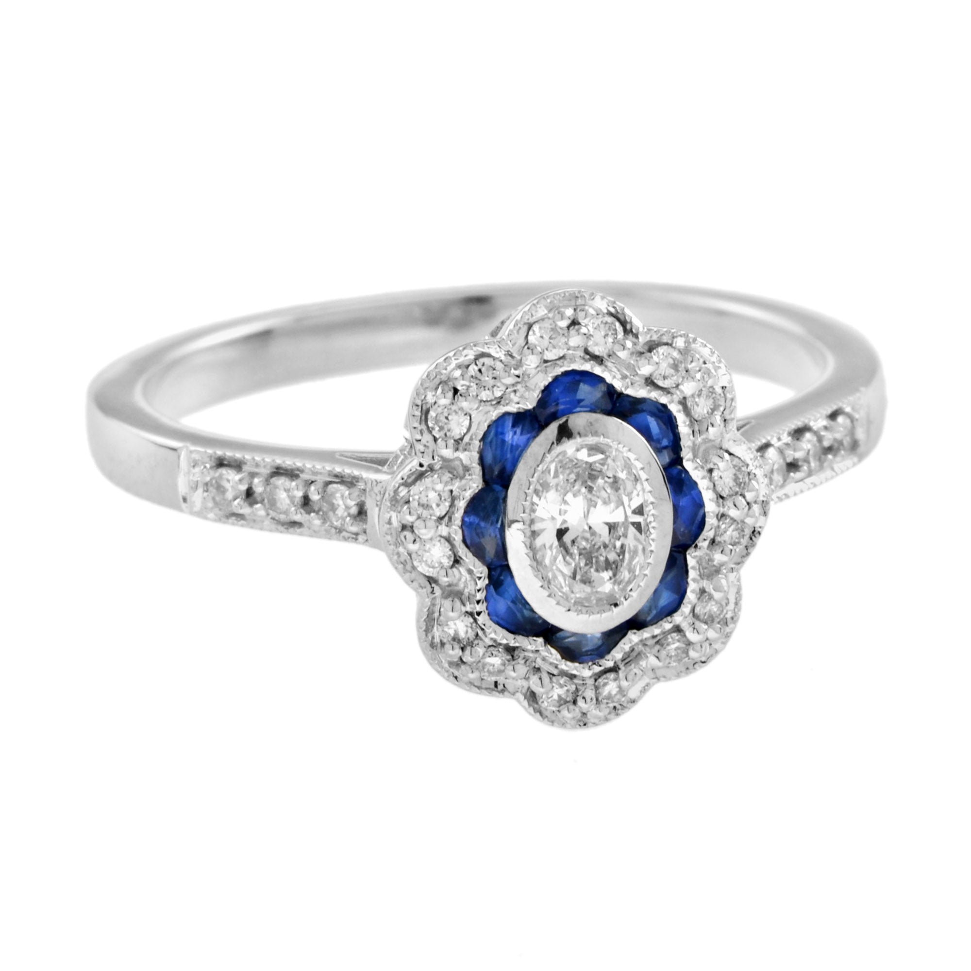 Vintage Style Oval Diamond & Blue Sapphire Halo Statement White Gold Ring