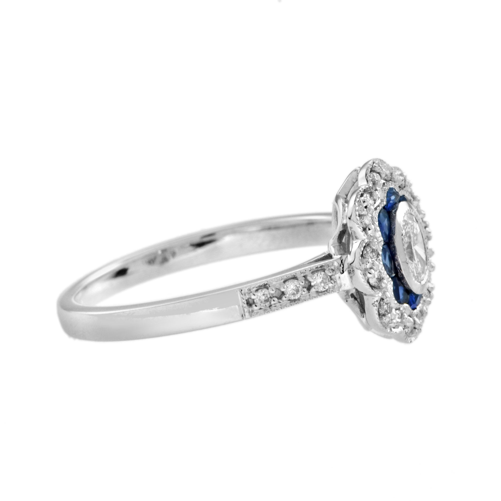 Vintage Style Oval Diamond & Blue Sapphire Halo Statement White Gold Ring
