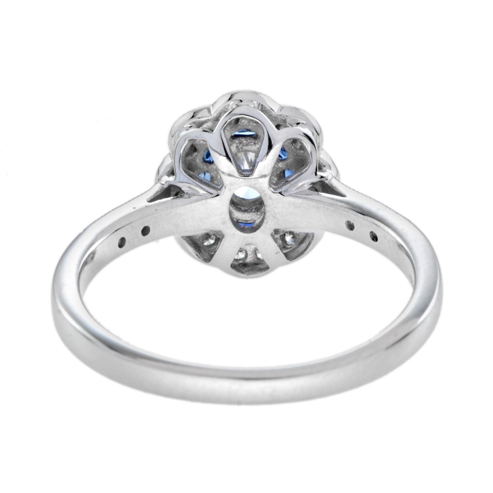 Vintage Style Oval Diamond & Blue Sapphire Halo Statement White Gold Ring