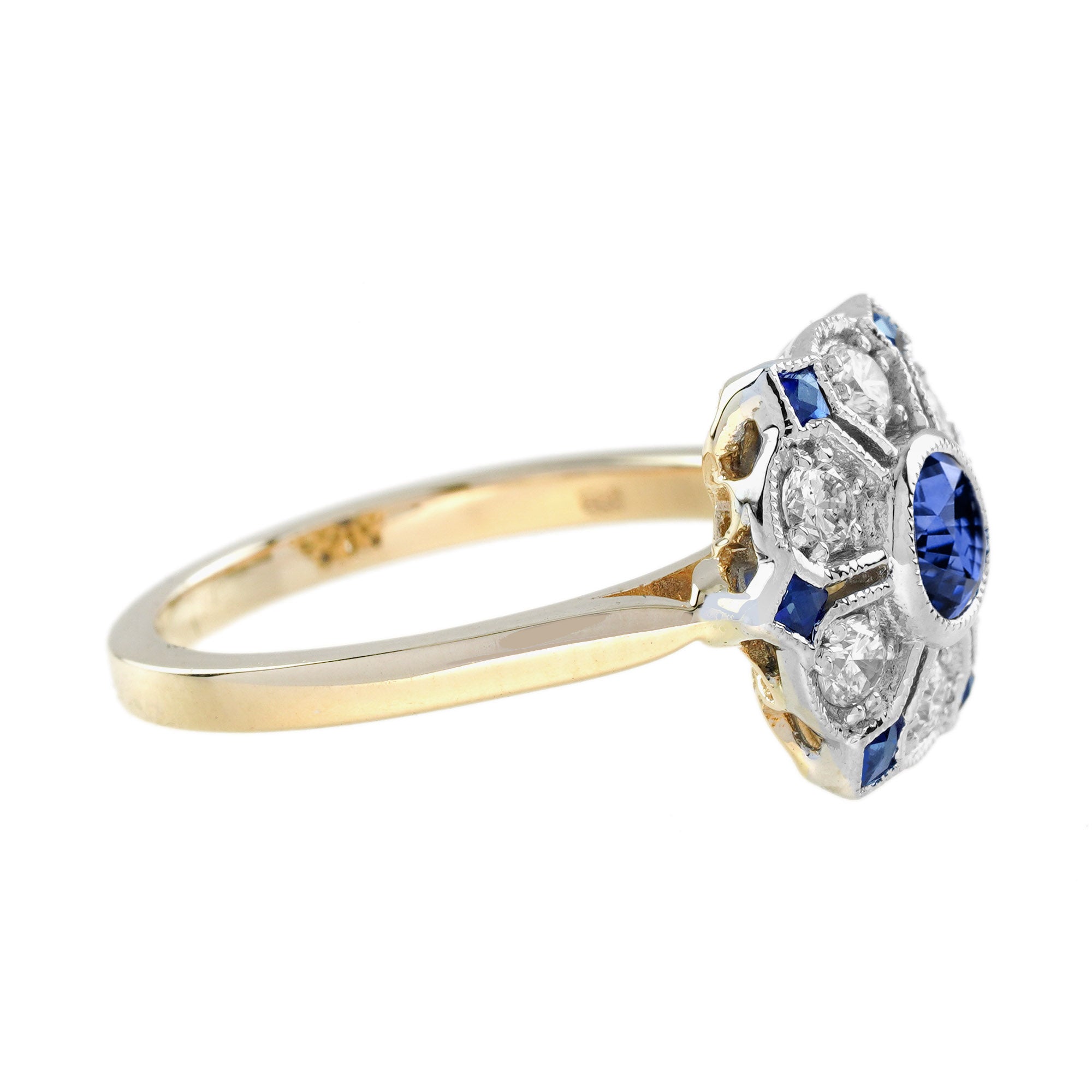 Blue Sapphire & Diamond Antique Style Floral Cluster 14K Yellow Gold Ring
