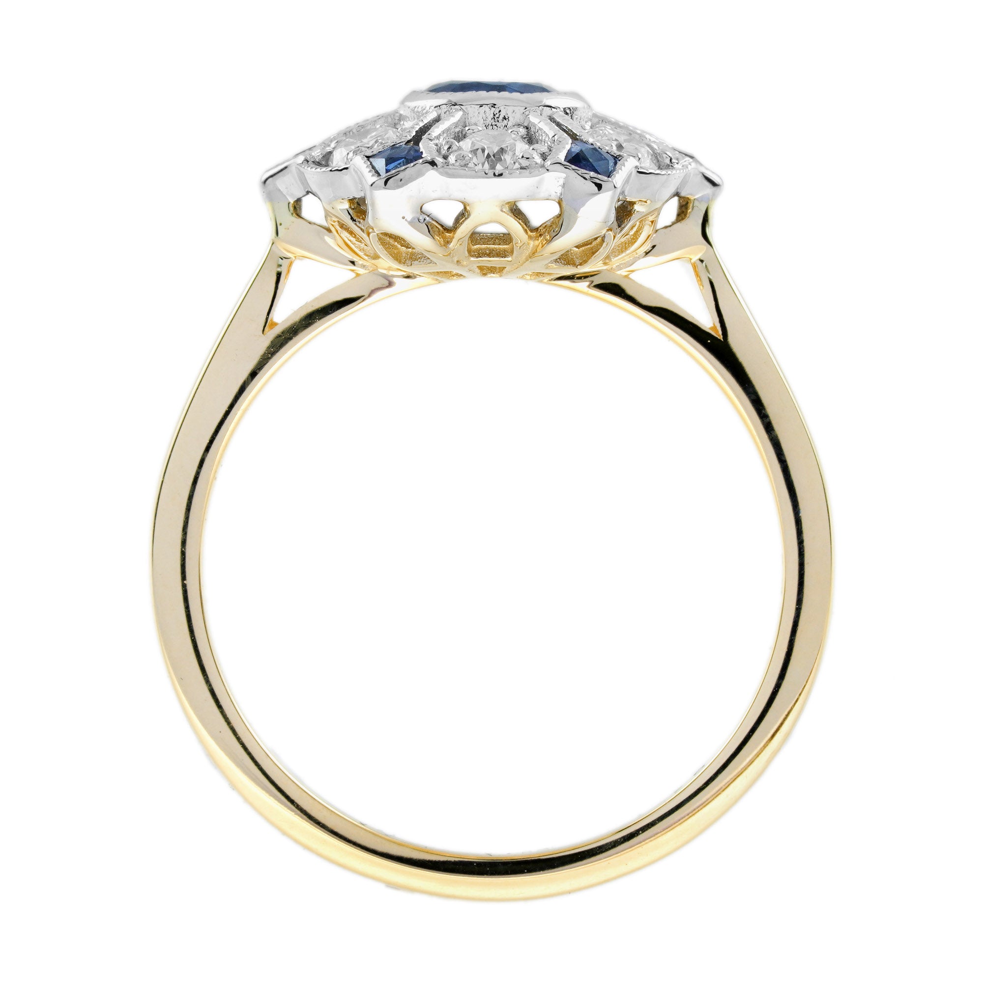 Blue Sapphire & Diamond Antique Style Floral Cluster 14K Yellow Gold Ring