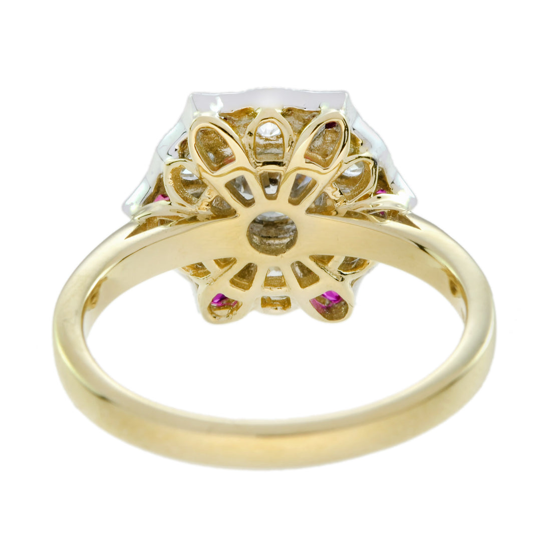 Diamond & Red Pink Ruby Antique Style Floral Flower Two Tone Gold Ring