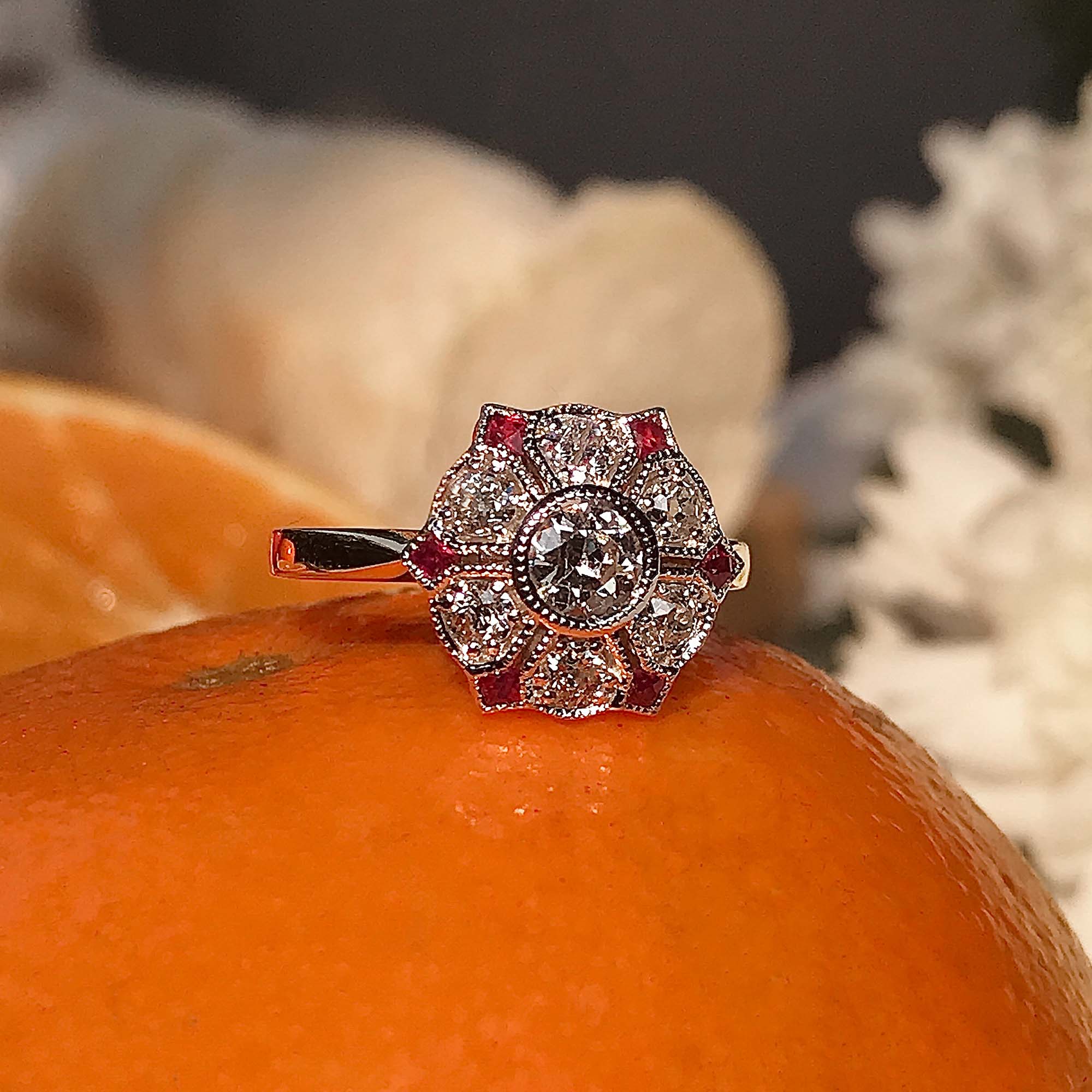 Diamond & Red Pink Ruby Antique Style Floral Flower Two Tone Gold Ring