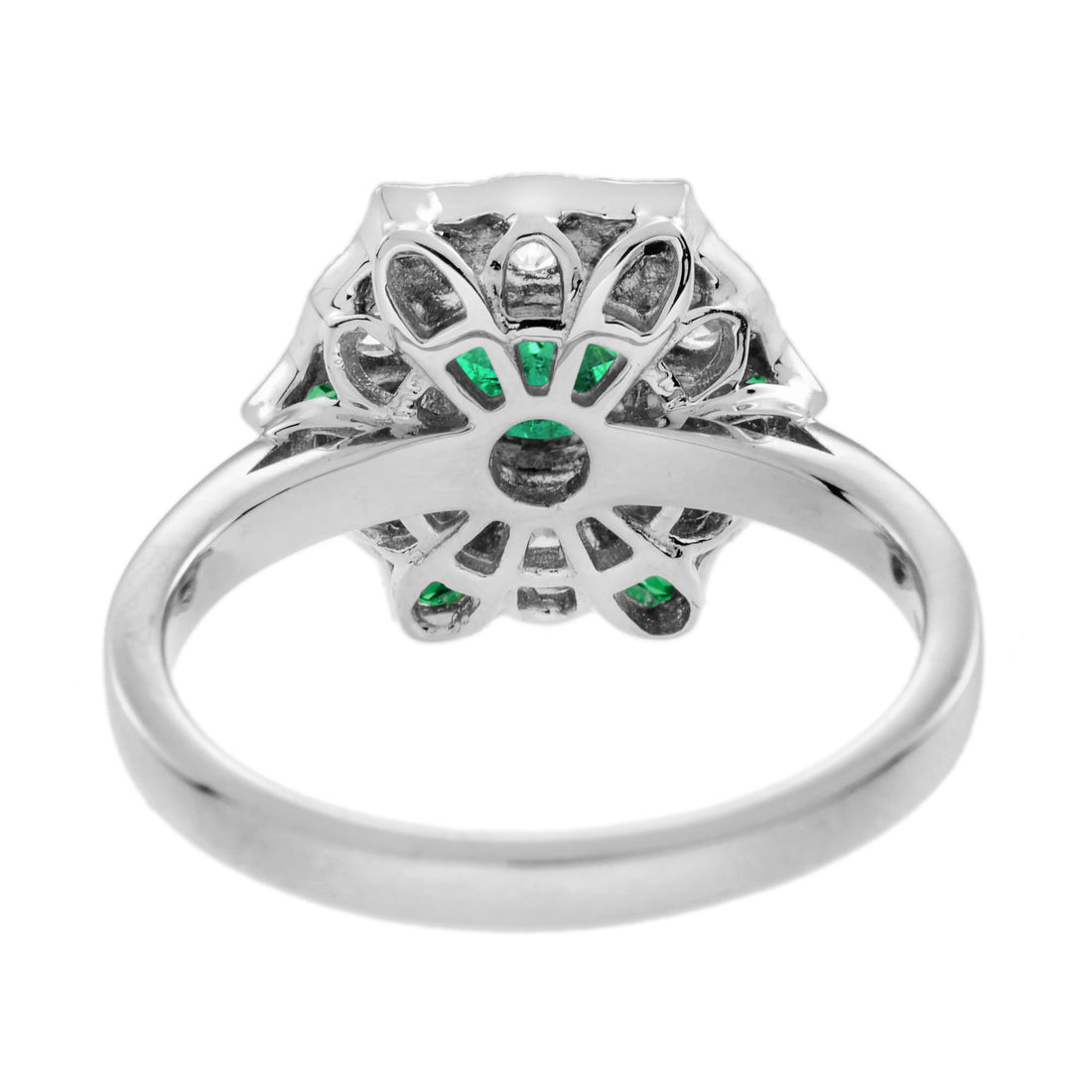 Green Emerald & Diamond Antique Style Floral Flower 18K White Gold Ring