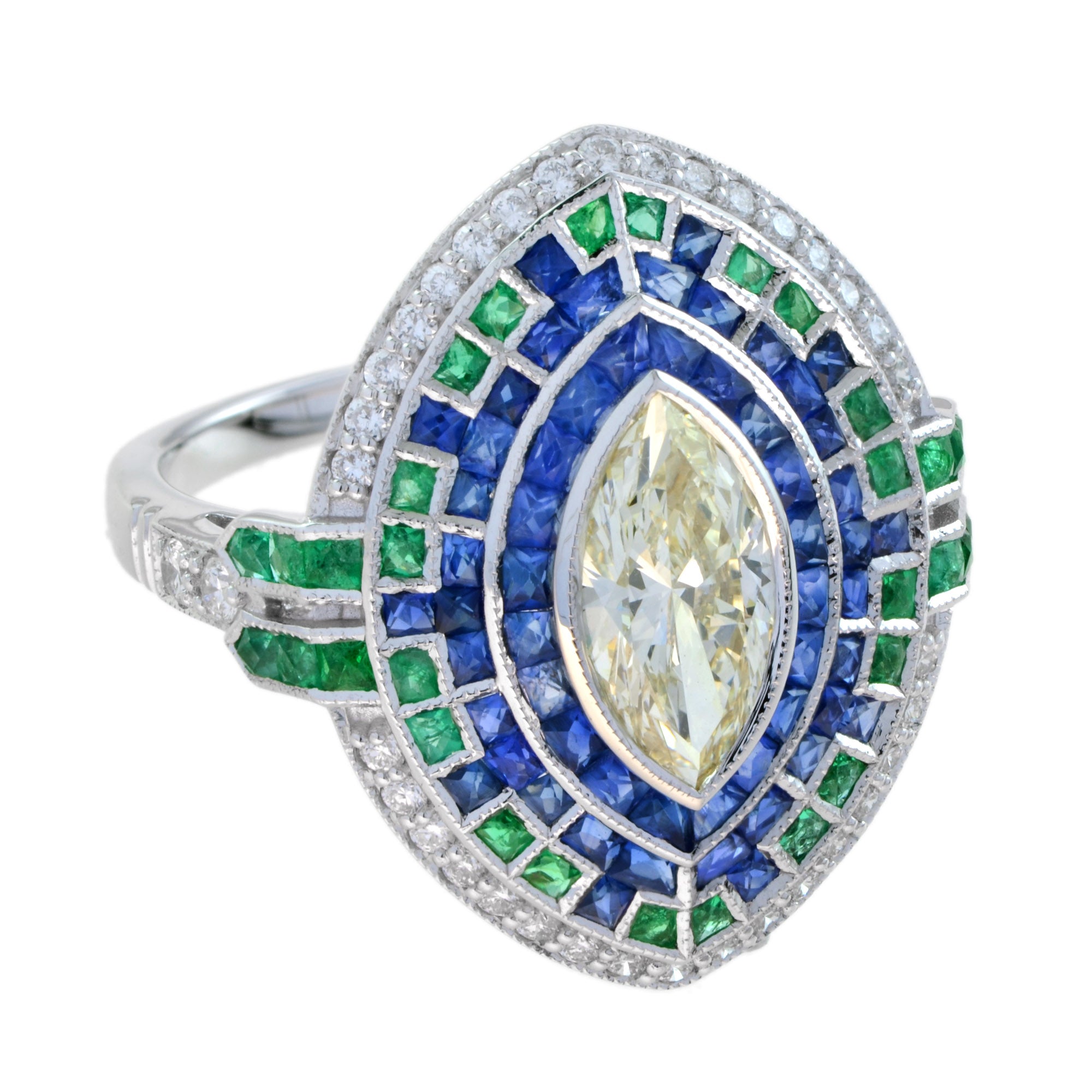 Marquise Diamond & Emerald Sapphire Art Deco Style Halo White Gold Ring
