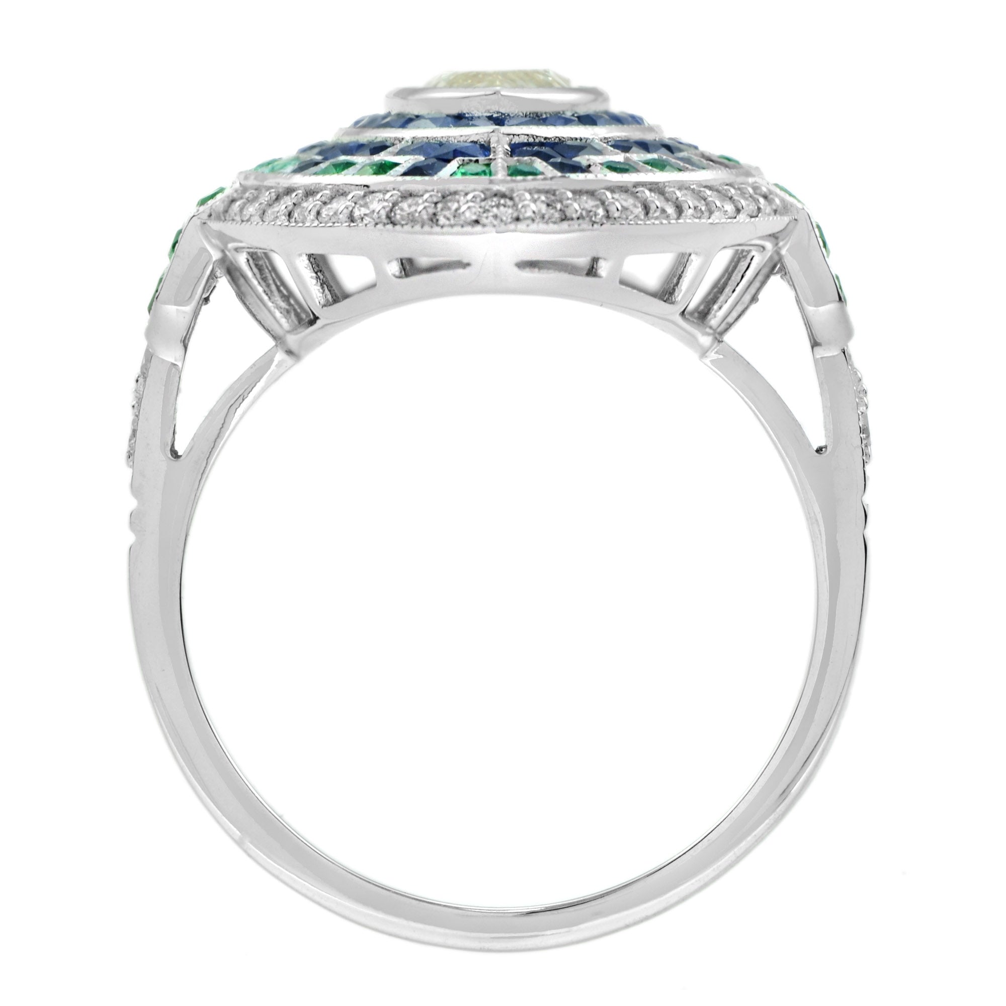 Marquise Diamond & Emerald Sapphire Art Deco Style Halo White Gold Ring