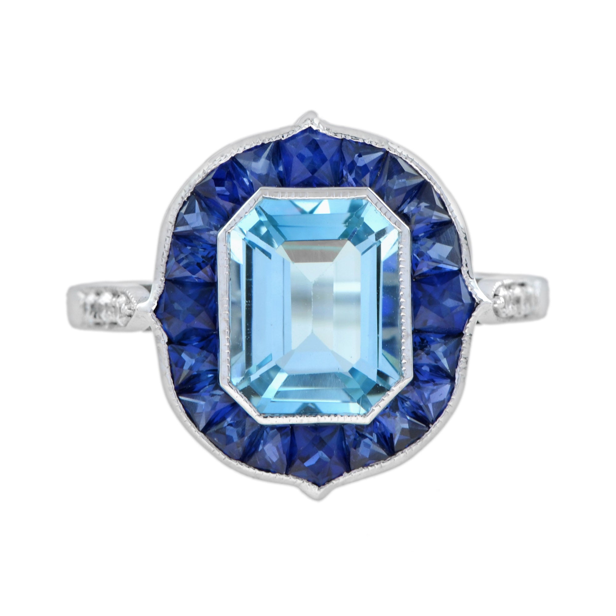 Emerald Cut Blue Topaz & Sapphire Halo Diamond Engagement 14K White Gold Ring