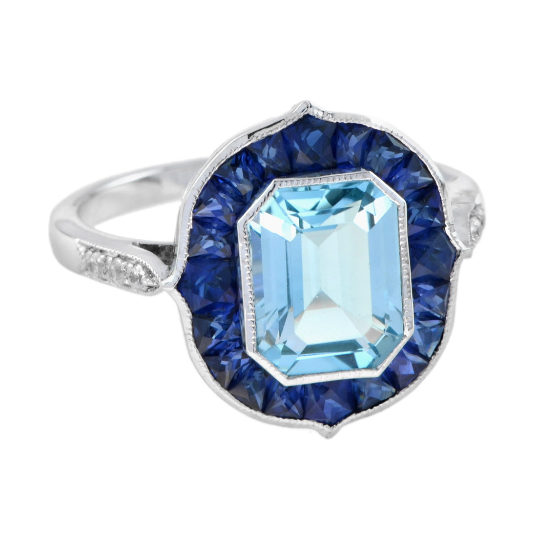 Emerald Cut Blue Topaz & Sapphire Halo Diamond Engagement 14K White Gold Ring
