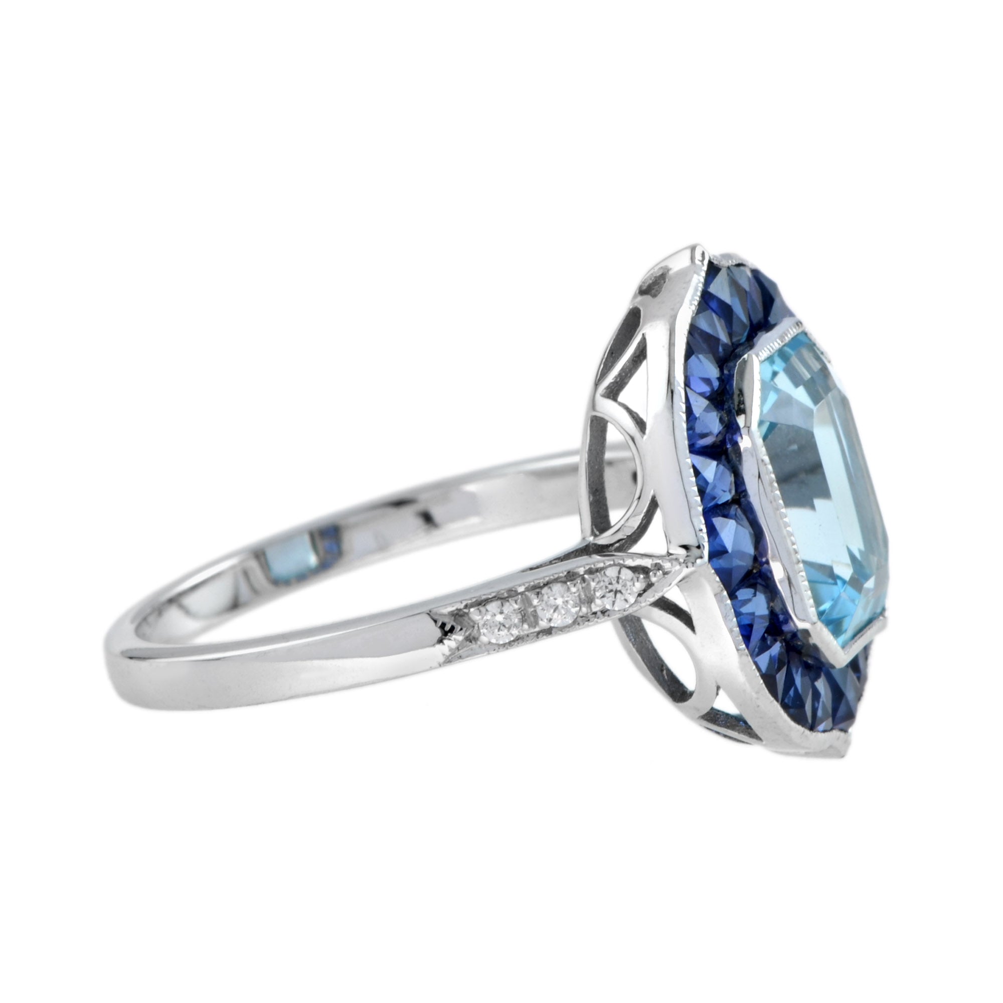 Emerald Cut Blue Topaz & Sapphire Halo Diamond Engagement 14K White Gold Ring