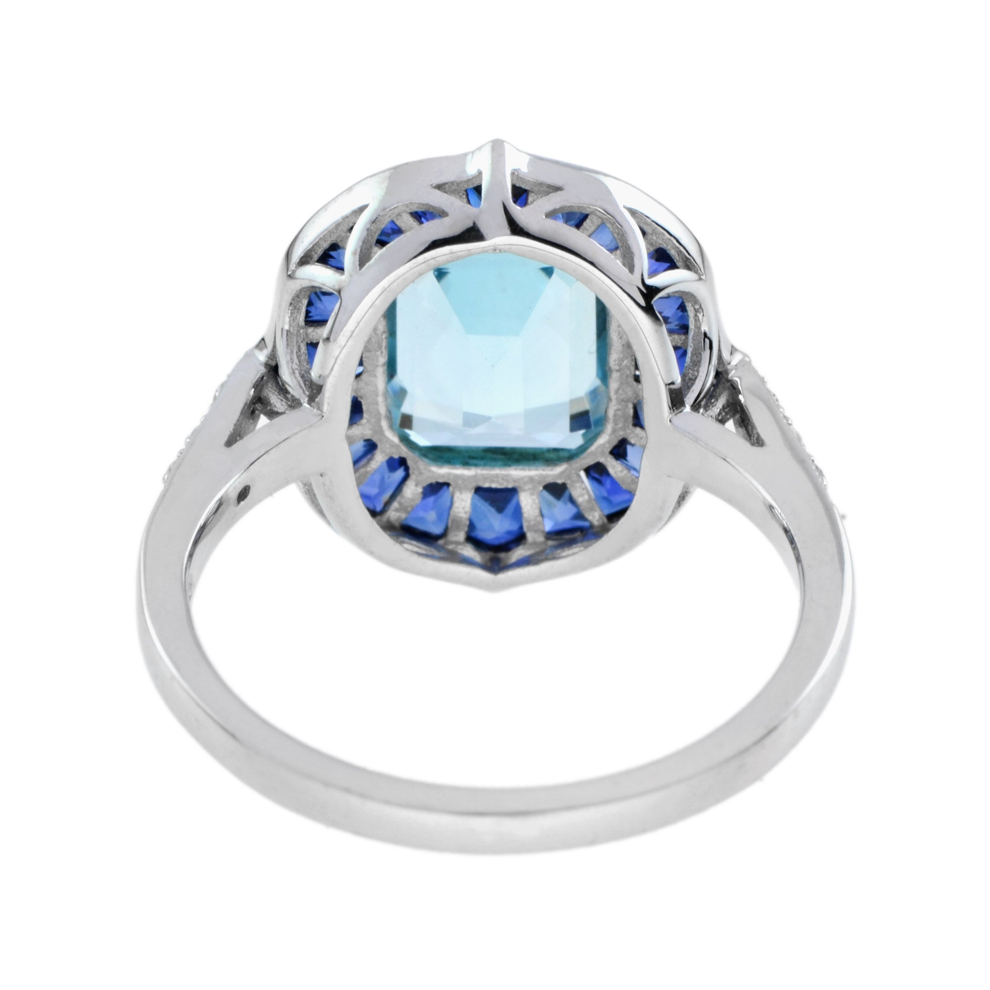 Emerald Cut Blue Topaz & Sapphire Halo Diamond Engagement 14K White Gold Ring