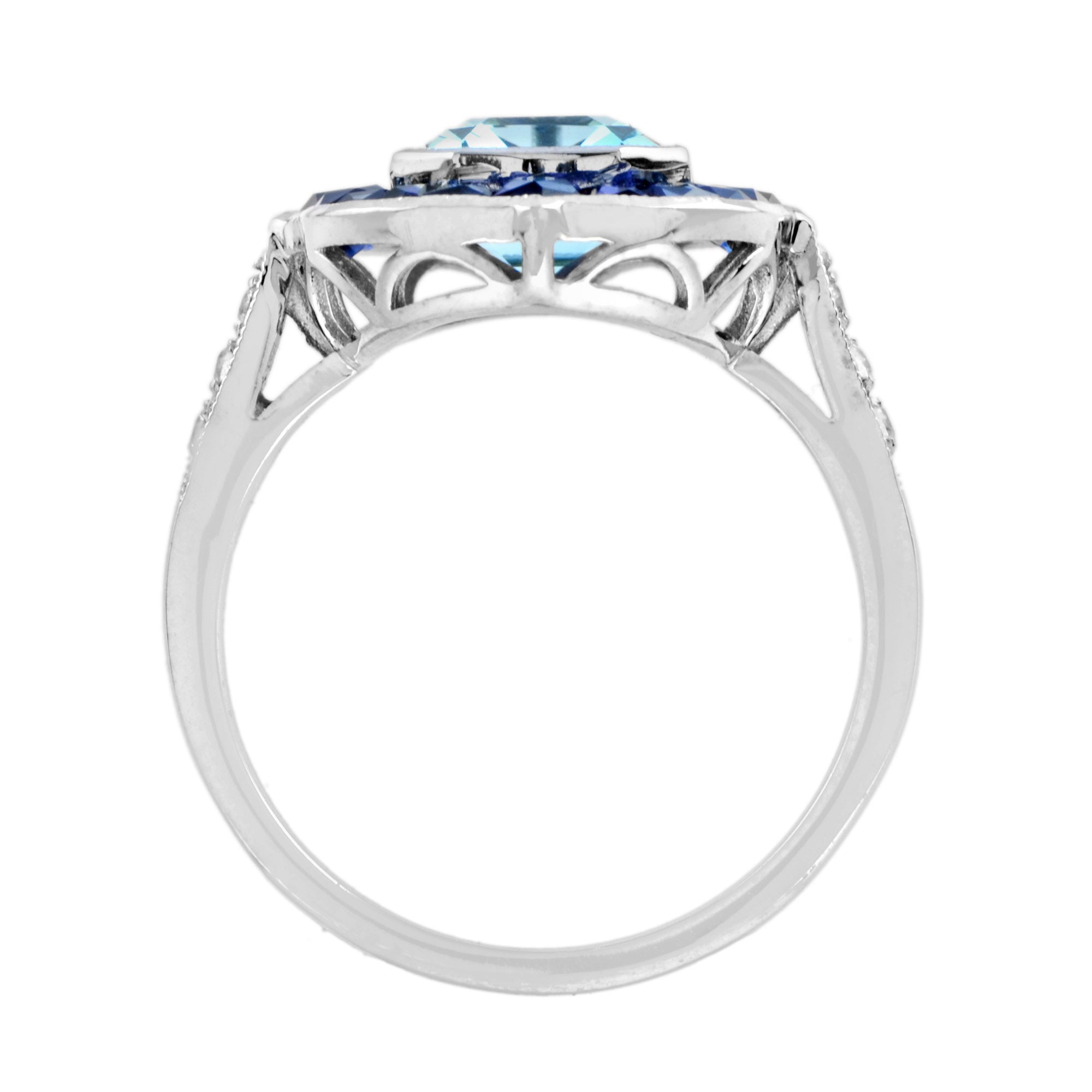 Emerald Cut Blue Topaz & Sapphire Halo Diamond Engagement 14K White Gold Ring