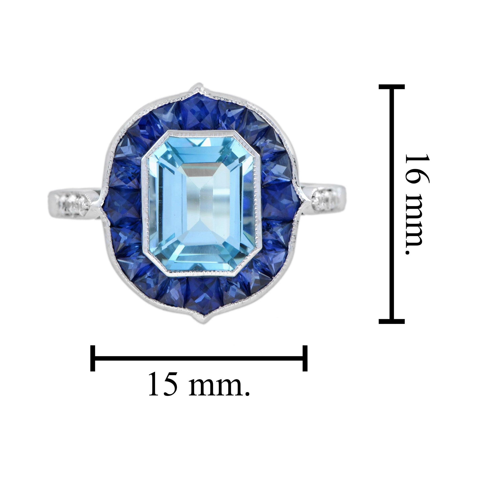 Emerald Cut Blue Topaz & Sapphire Halo Diamond Engagement 14K White Gold Ring