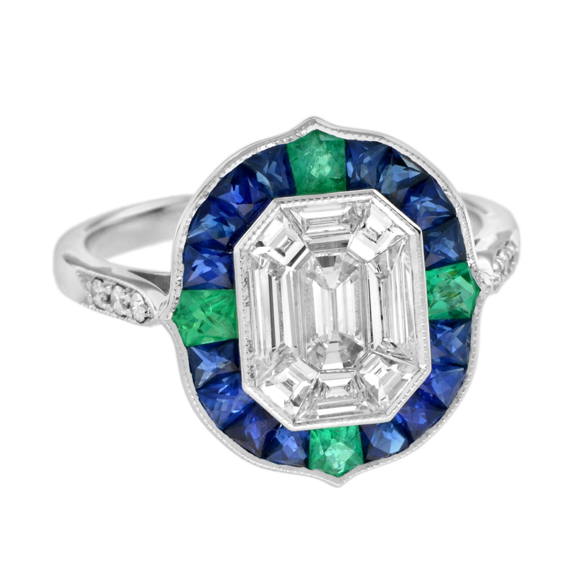Illusion Setting Diamond & Blue Sapphire Emerald Art Deco Style White Gold Ring