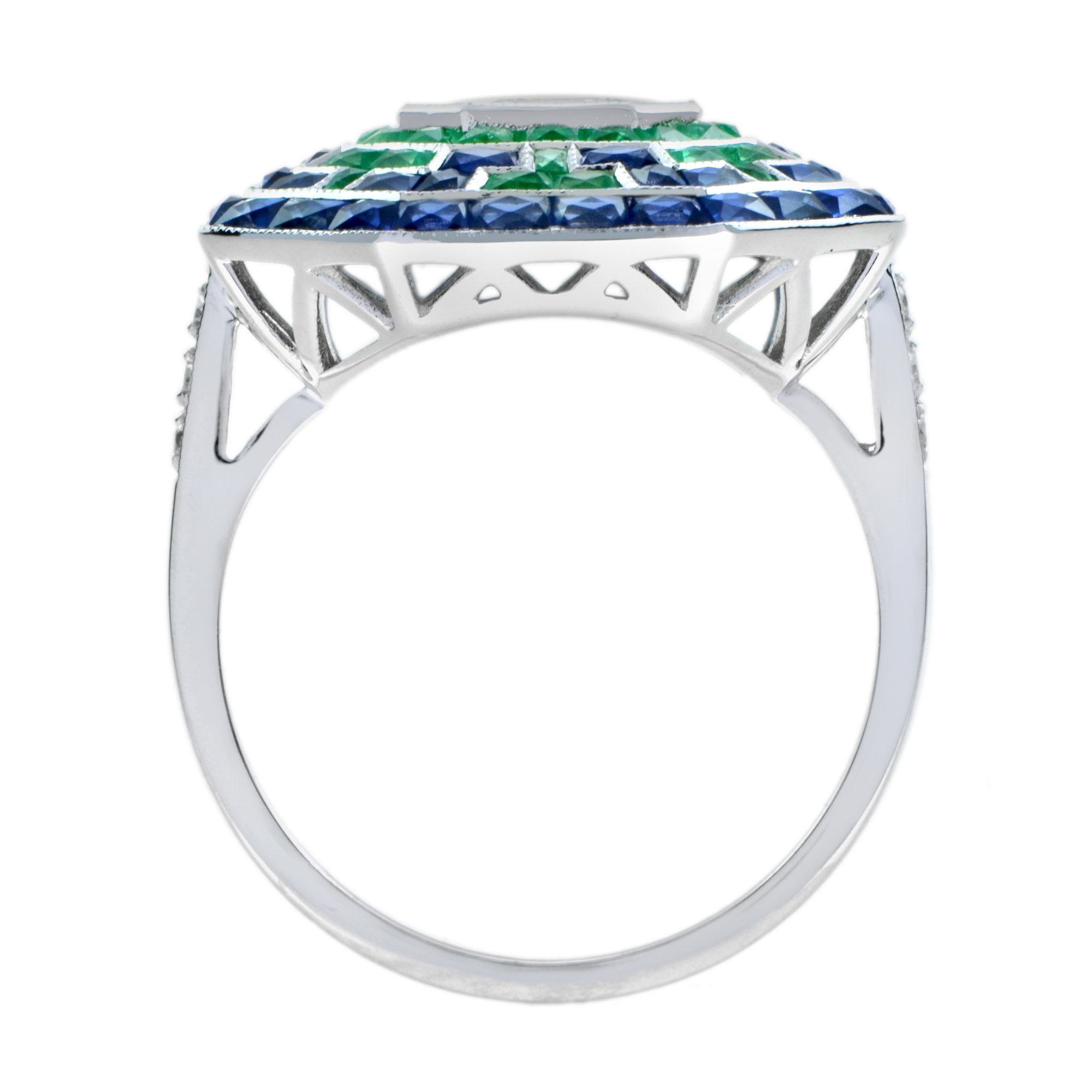 Illusion Asscher Cut Diamond & Emerald Sapphire Octagonal White Gold Halo Ring