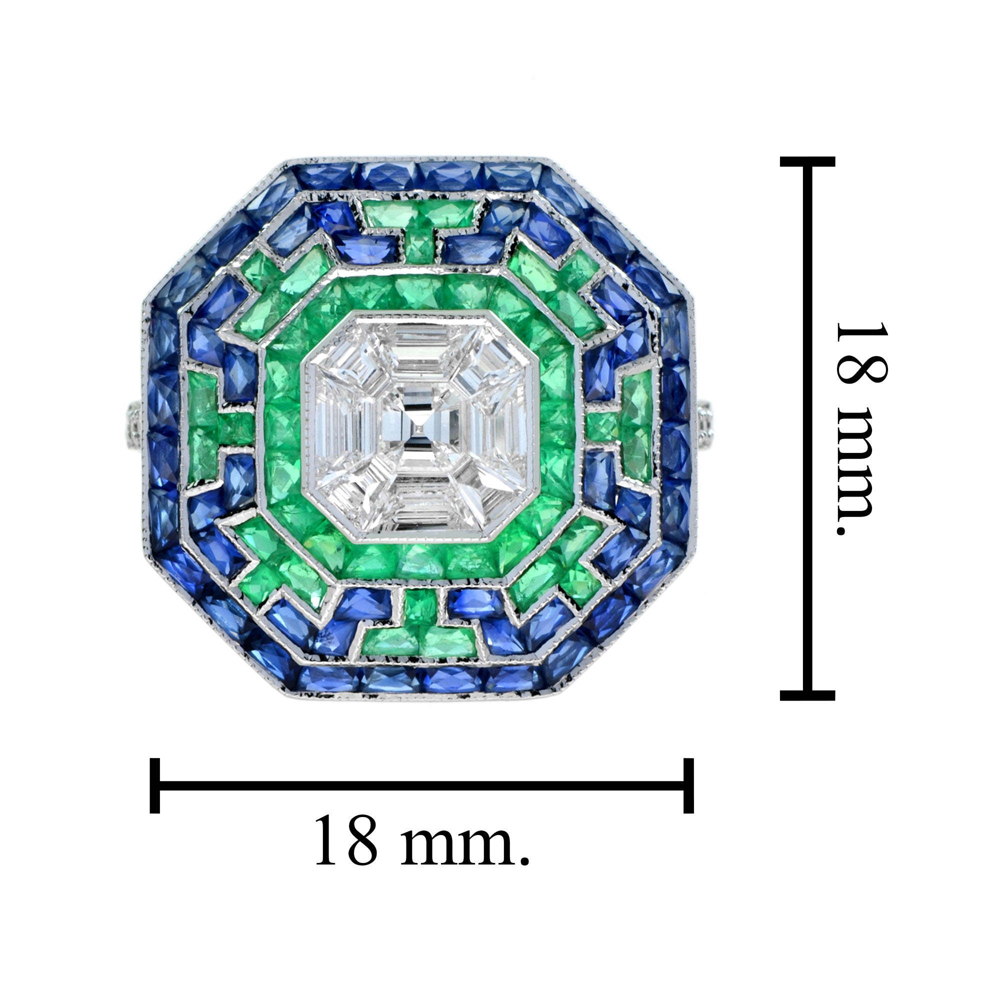 Illusion Asscher Cut Diamond & Emerald Sapphire Octagonal White Gold Halo Ring