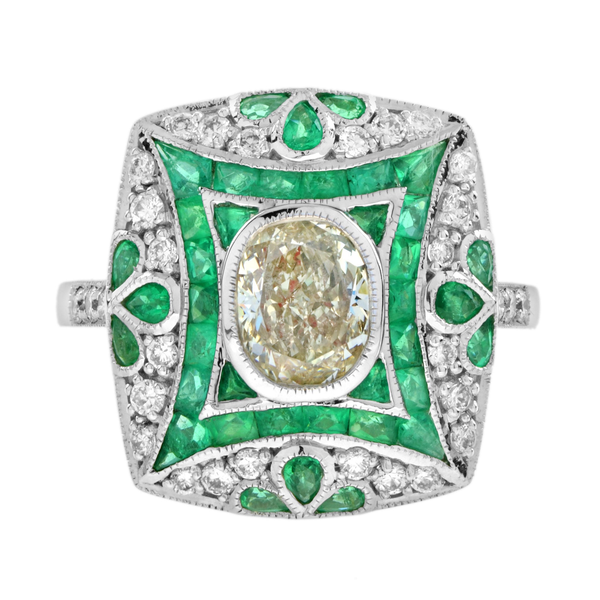 Certified Oval Shape Diamond & Emerald Art Deco Style Engagement 18K White Gold
