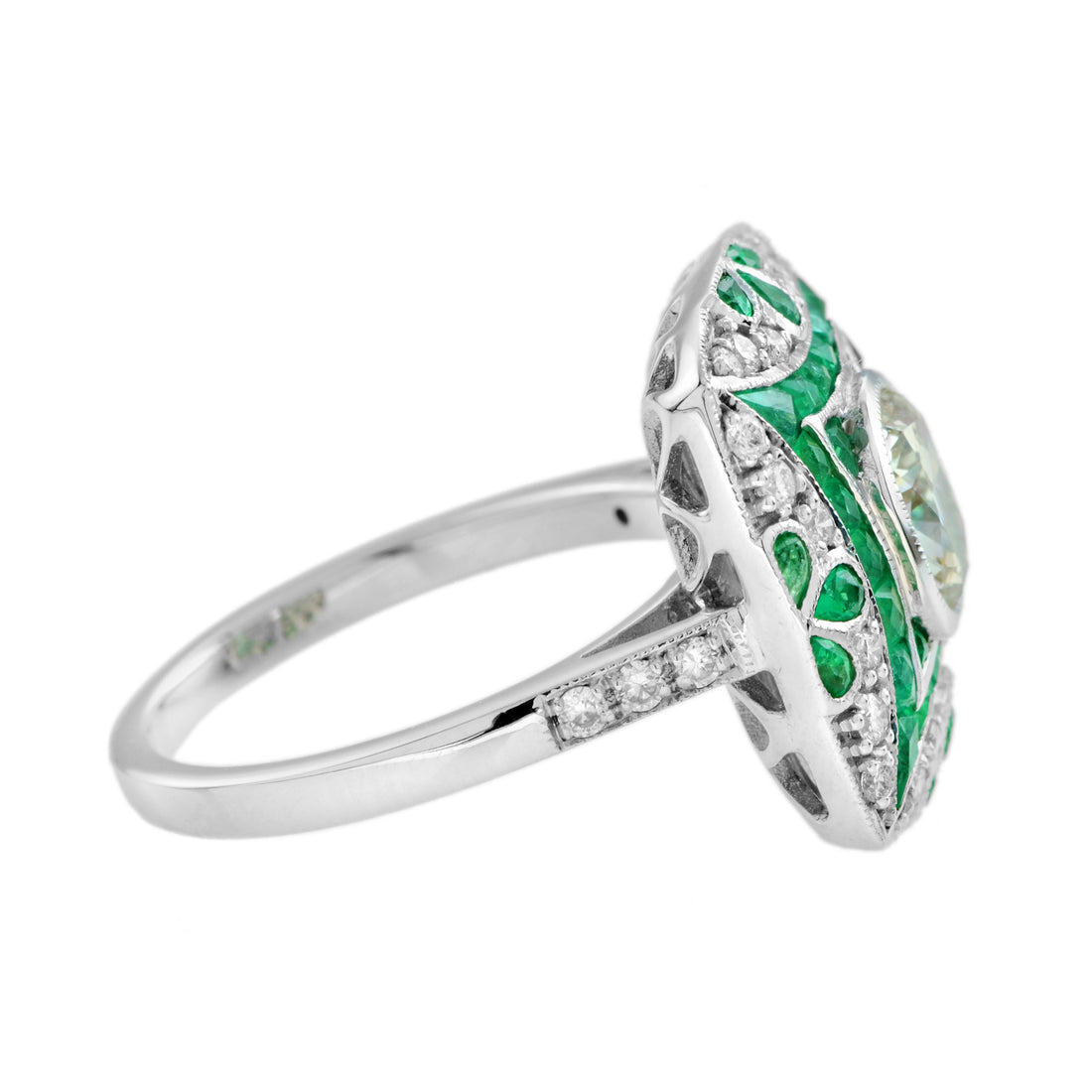 Certified Oval Shape Diamond & Emerald Art Deco Style Engagement 18K White Gold