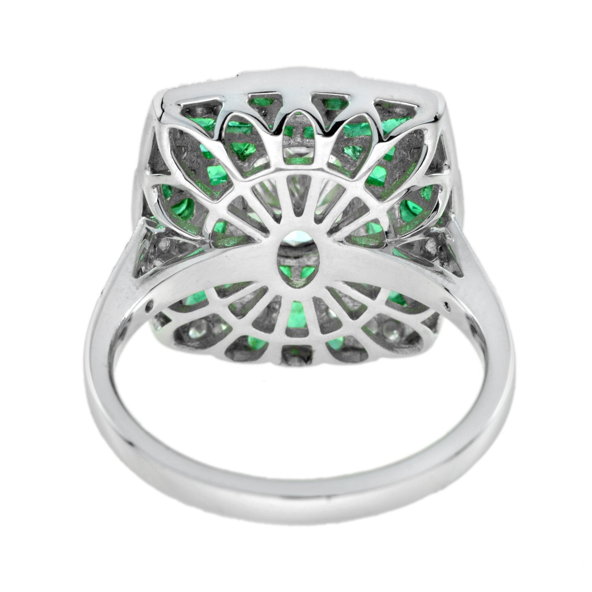Certified Oval Shape Diamond & Emerald Art Deco Style Engagement 18K White Gold