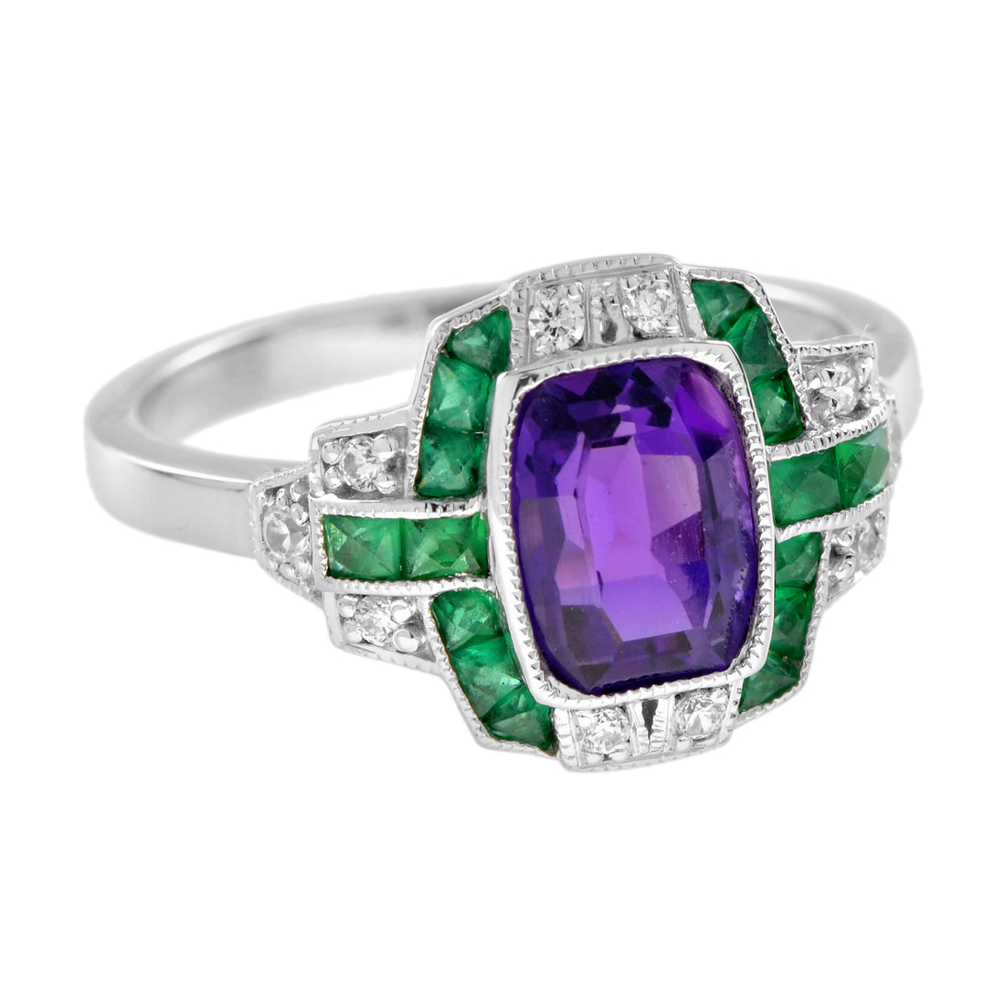 Purple Violet Amethyst & Emerald Diamond Art Deco Style 14K White Gold Ring