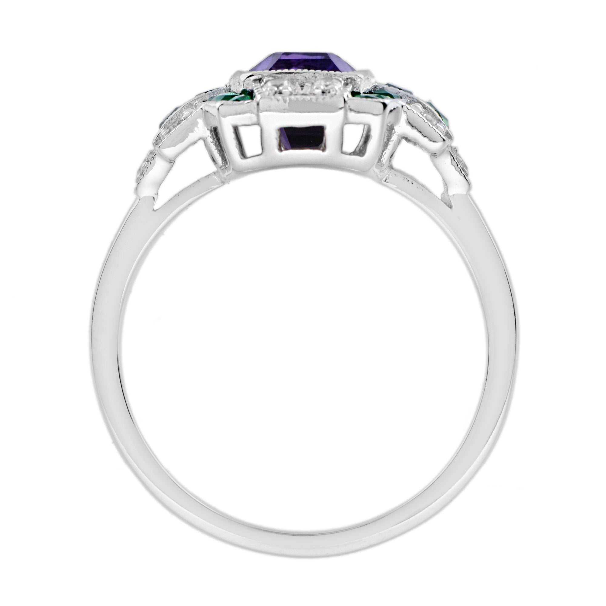 Purple Violet Amethyst & Emerald Diamond Art Deco Style 14K White Gold Ring