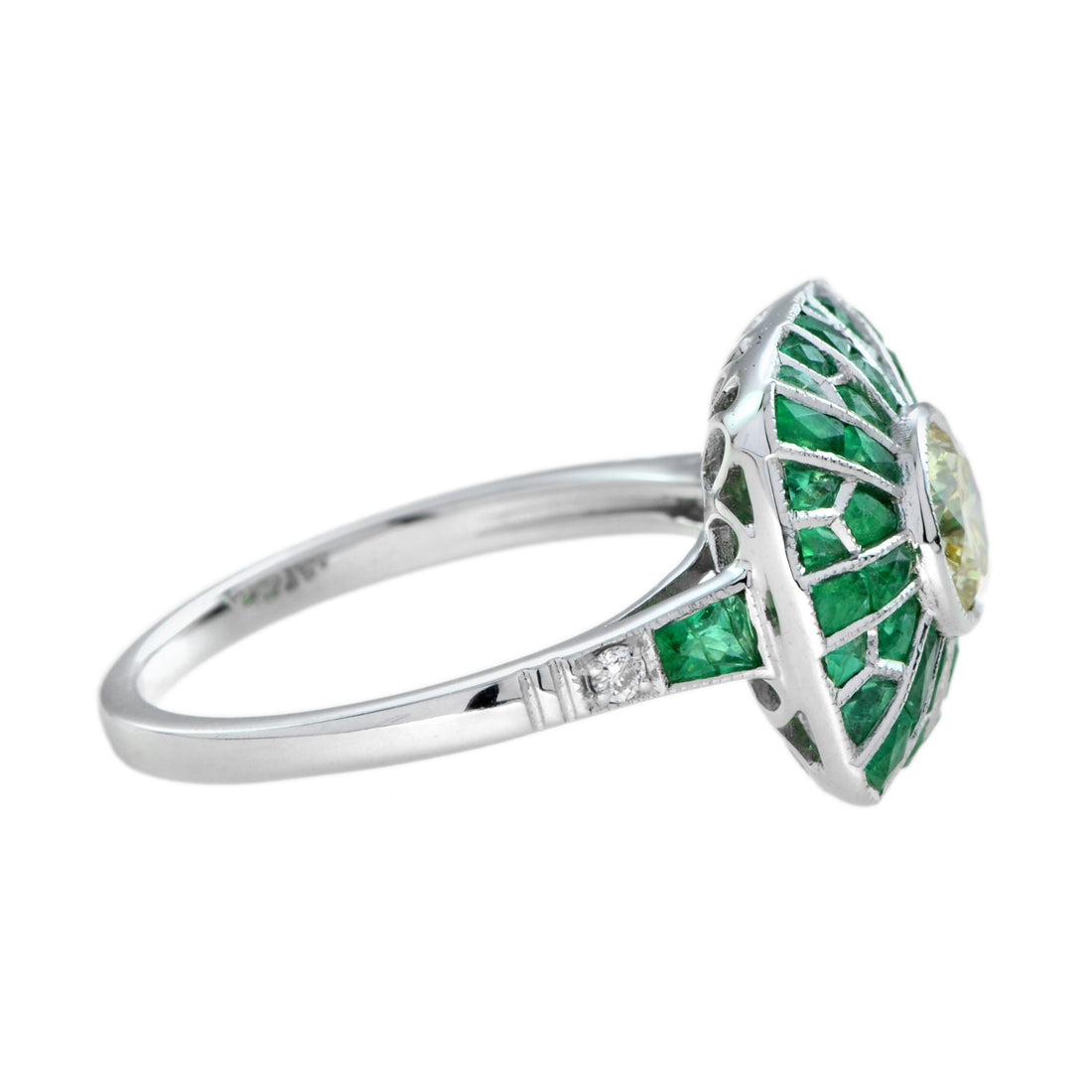 Certified Round Yellow Diamond & Green Emerald Halo Cushion 18K White Gold Ring
