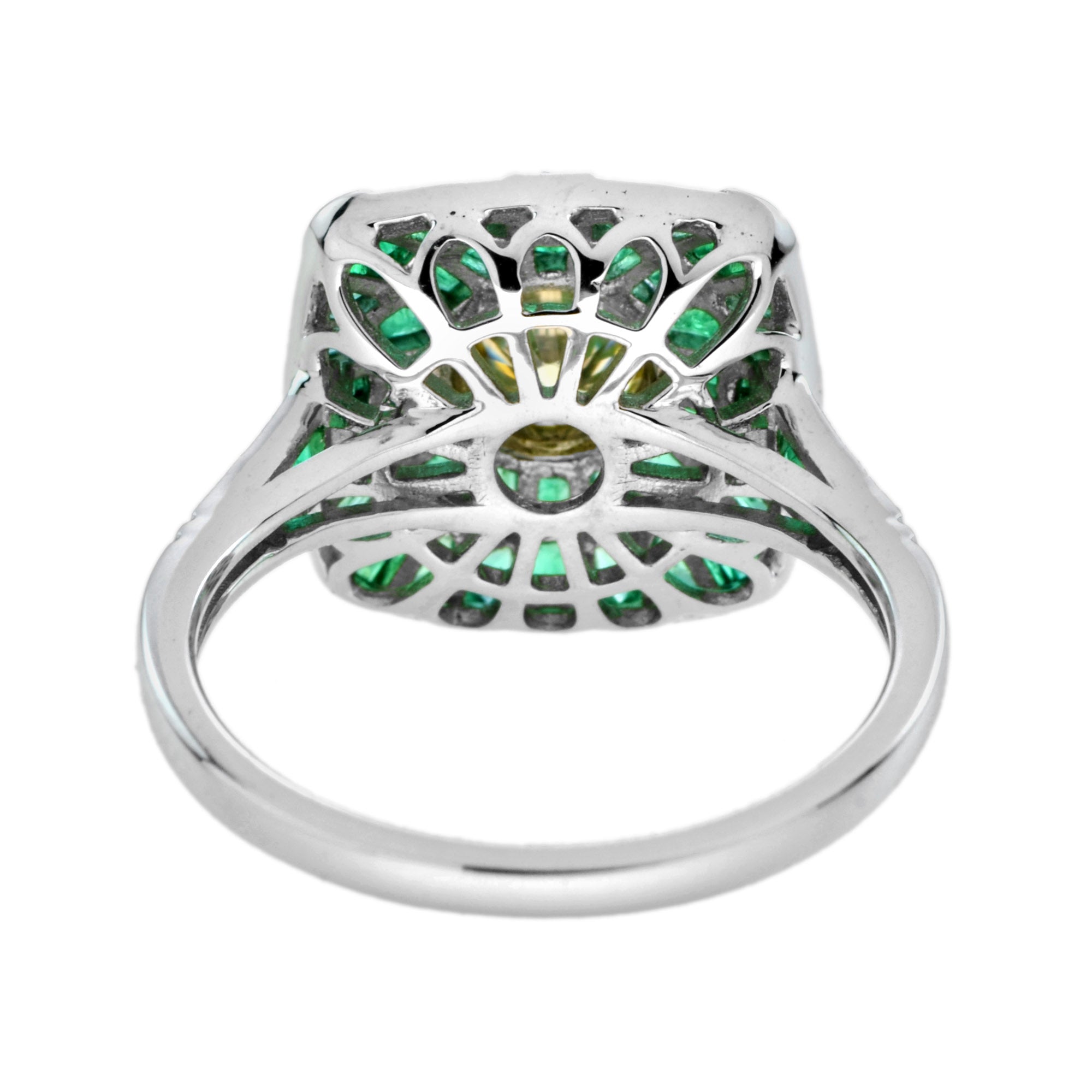 Certified Round Yellow Diamond & Green Emerald Halo Cushion 18K White Gold Ring